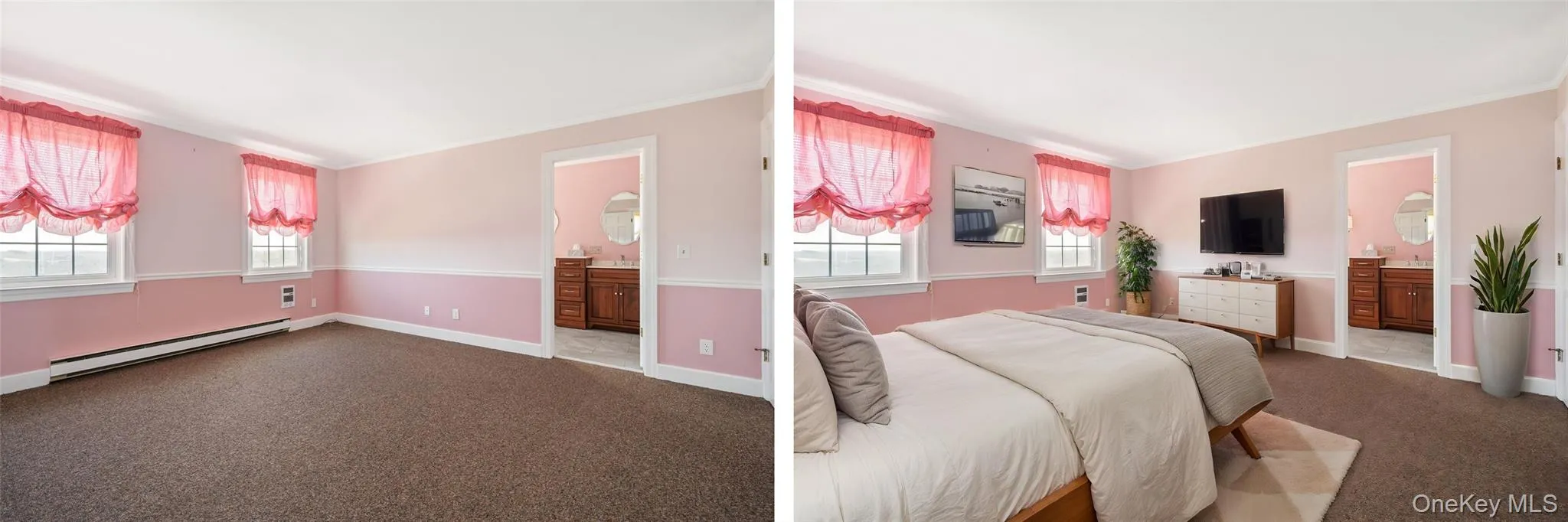 Primary suite -The photo on the right has been digitally staged. Primary suite -The photo on the right has been digitally staged.