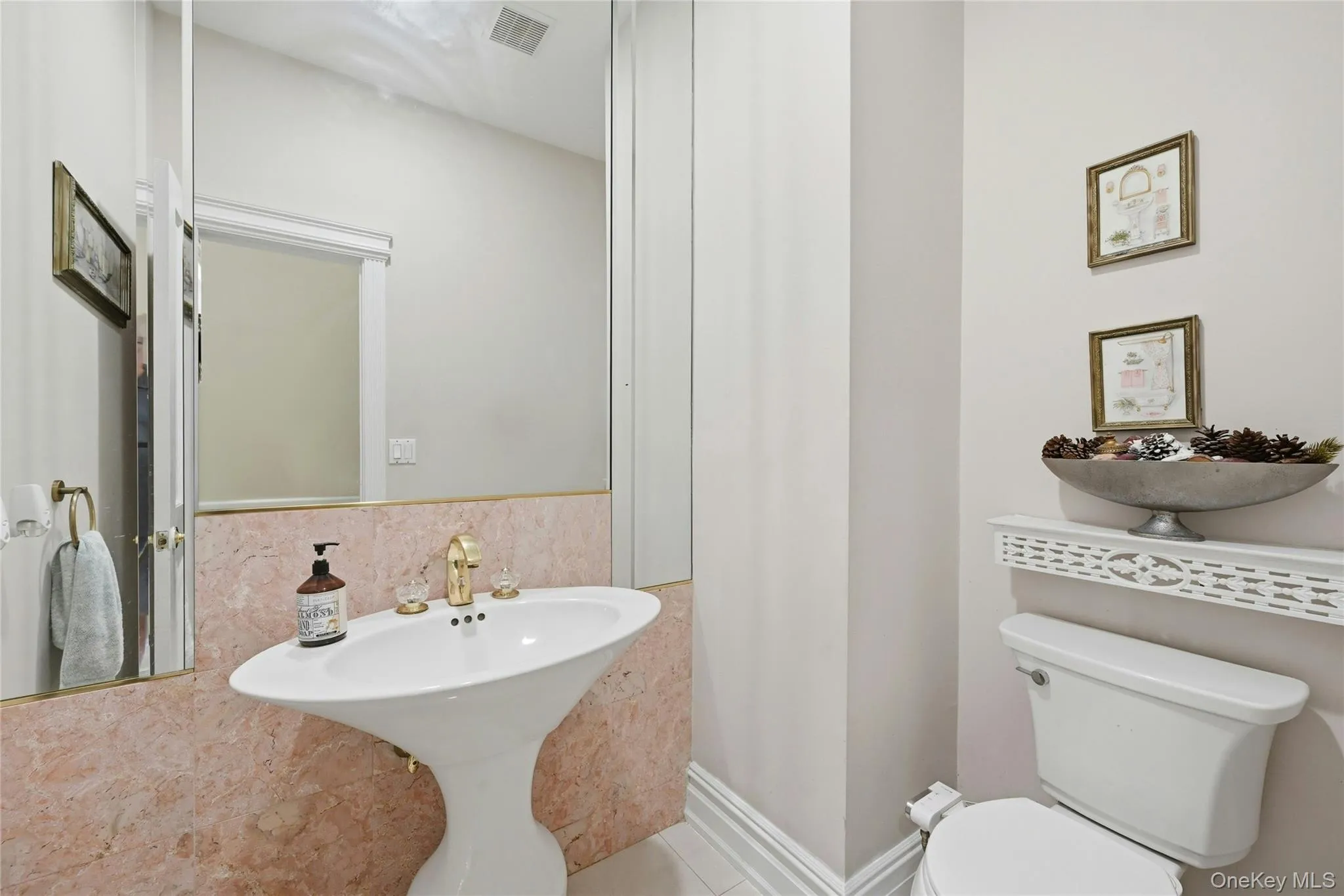 Pedestal sink with brass-finish faucet, full-height mirror, Pedestal sink with brass-finish faucet, full-height mirror,