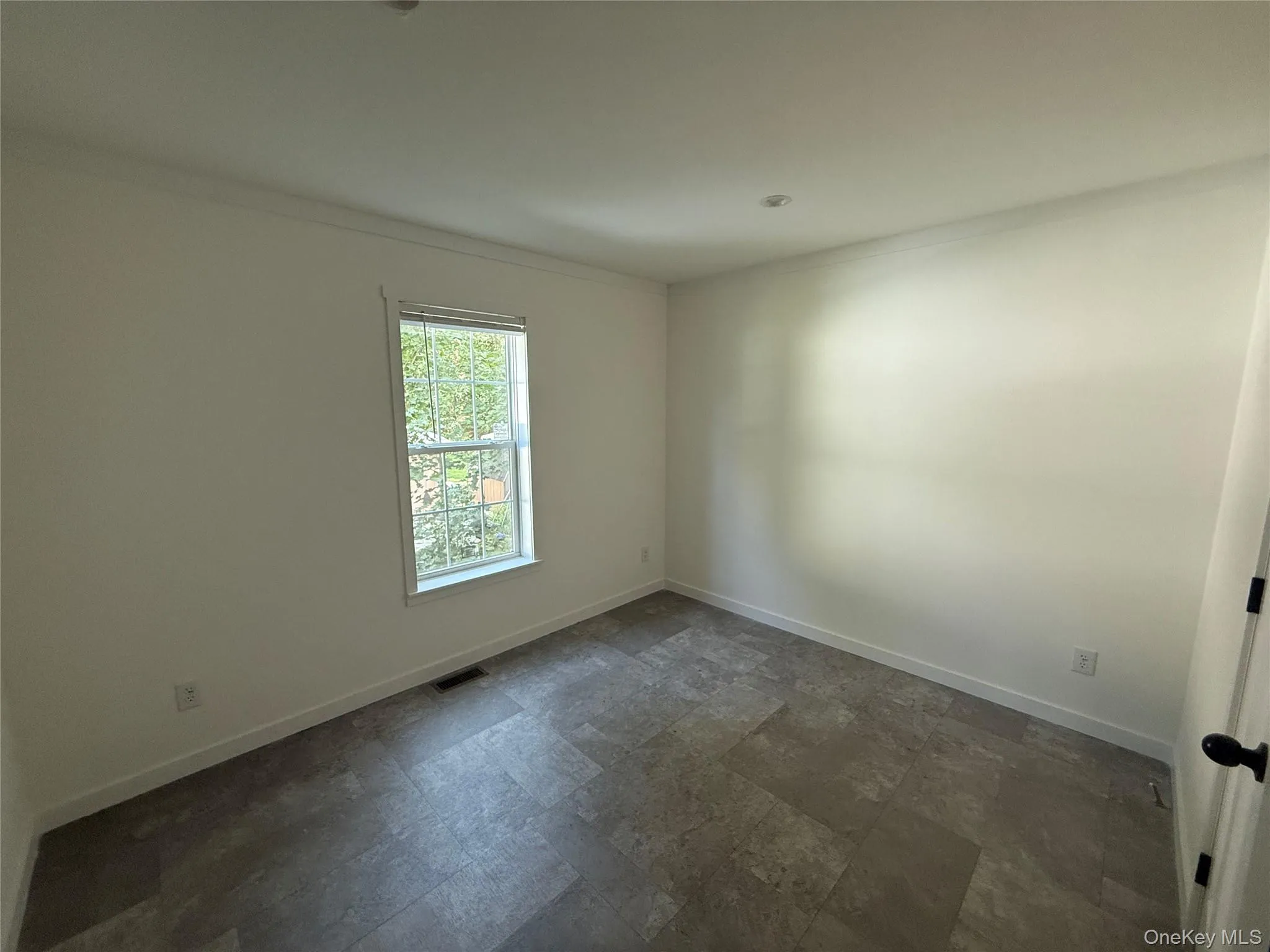 Empty room with ornamental molding and dark stone finish floors Empty room with ornamental molding and dark stone finish floors