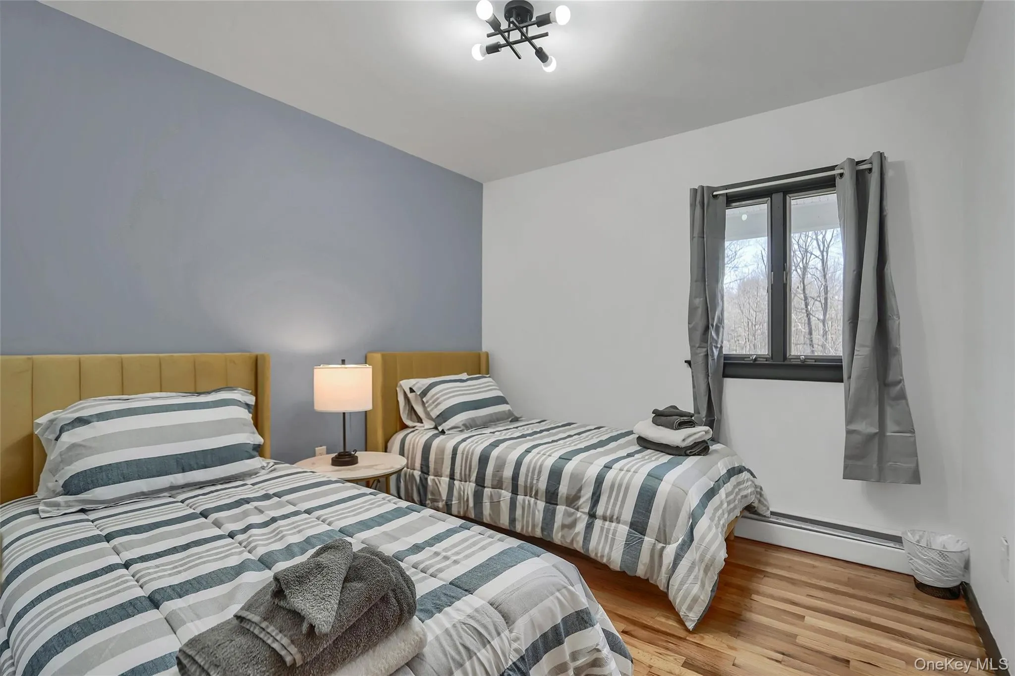 Bedroom with wood-finish flooring and a contemporary multi-bulb ceiling fixture Bedroom with wood-finish flooring and a contemporary multi-bulb ceiling fixture