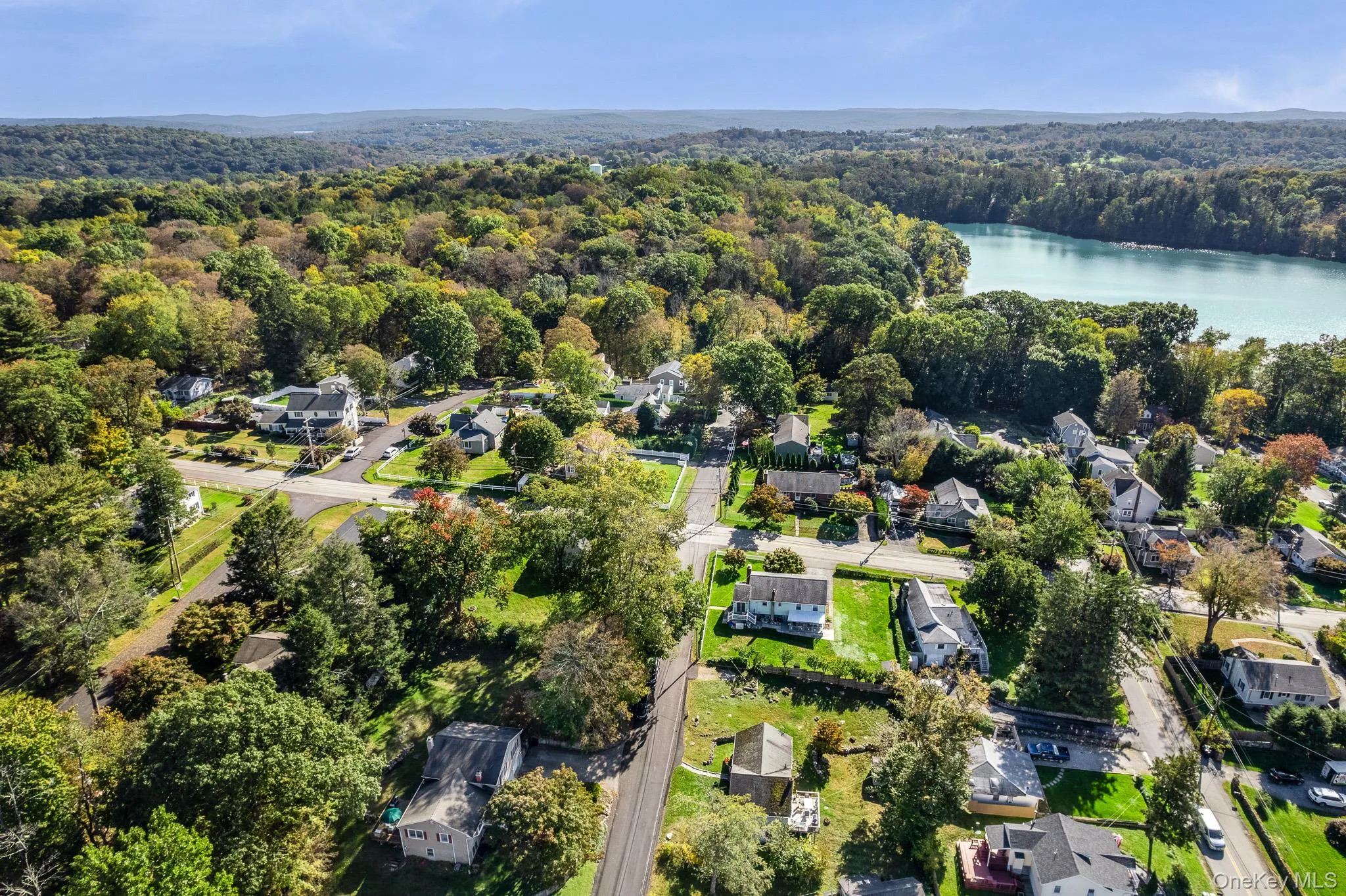 Aerial perspective showcasing a residential neighborhood with mature trees, green lawns, and paved streets Aerial perspective showcasing a residential neighborhood with mature trees, green lawns, and paved streets
