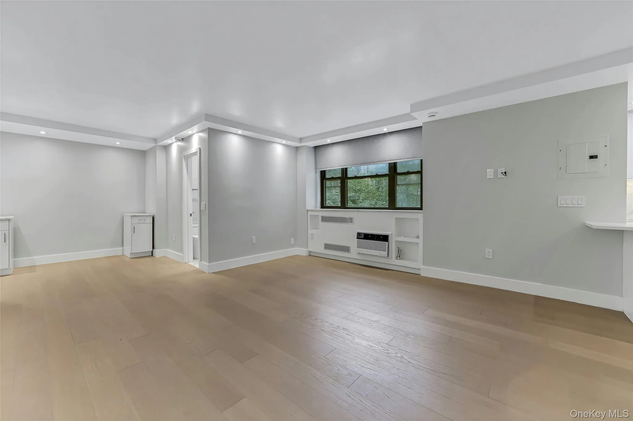 Spacious living area featuring light wood-finish flooring, recessed lighting, built-in shelving, and a window providing natural light Spacious living area featuring light wood-finish flooring, recessed lighting, built-in shelving, and a window providing natural light