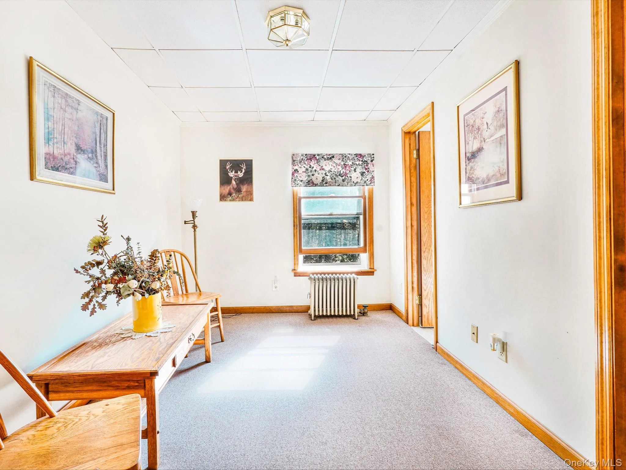 Hallway with radiator, a drop ceiling, carpet flooring, and baseboards Hallway with radiator, a drop ceiling, carpet flooring, and baseboards