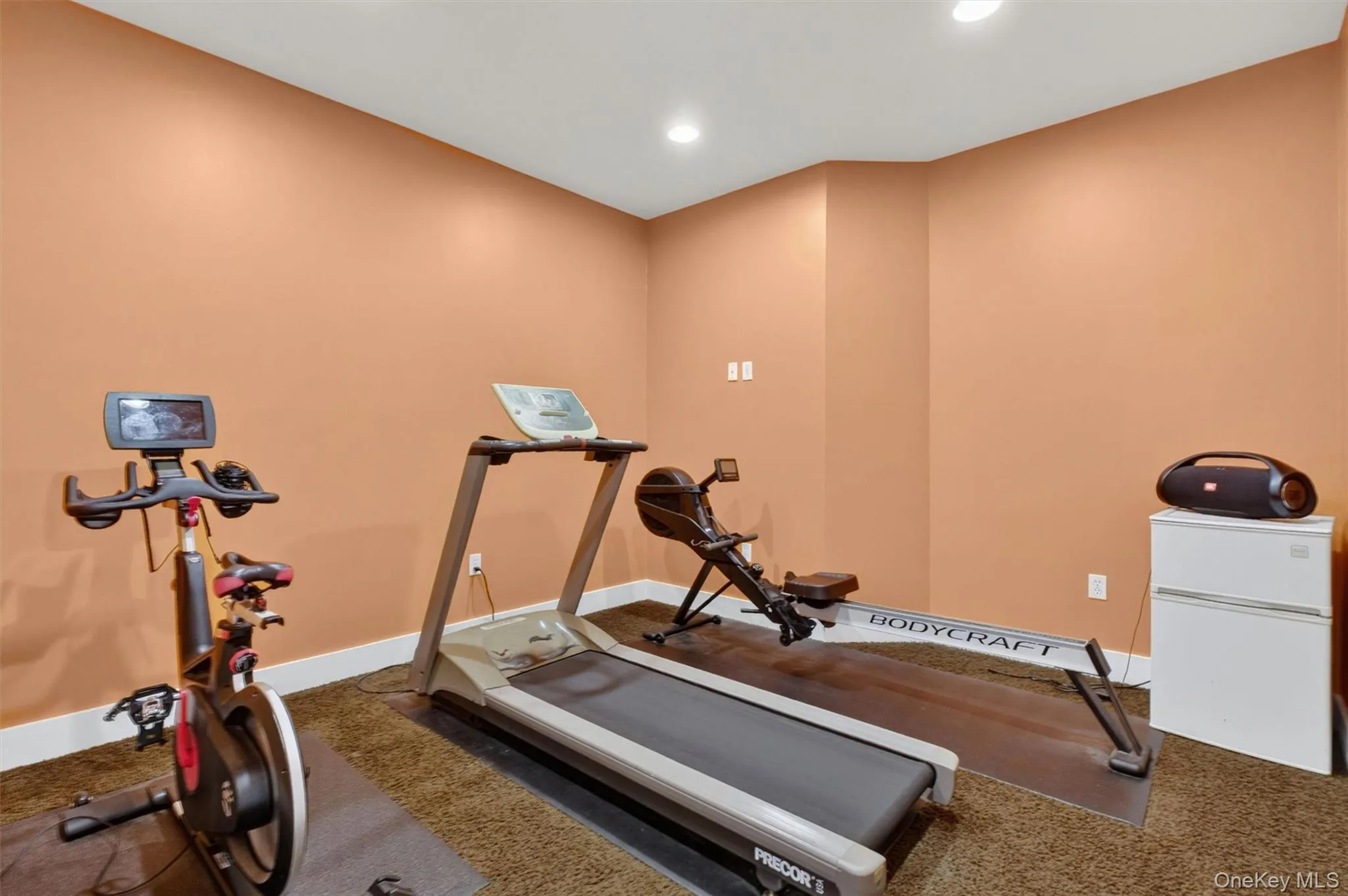 Dedicated home gym with cardio equipment and flexible workout space. Dedicated home gym with cardio equipment and flexible workout space.