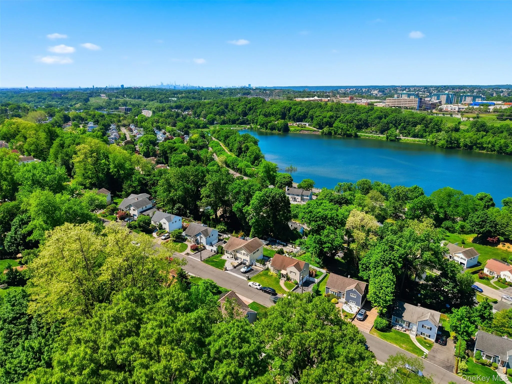 Aerial perspective showcasing a residential area with mature tree coverage, a prominent body of water, and distant city architecture Aerial perspective showcasing a residential area with mature tree coverage, a prominent body of water, and distant city architecture