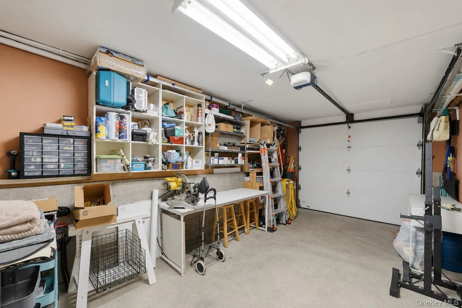 Garage interior featuring a sectional garage door, overhead fluorescent lighting, and built-in shelving Garage interior featuring a sectional garage door, overhead fluorescent lighting, and built-in shelving