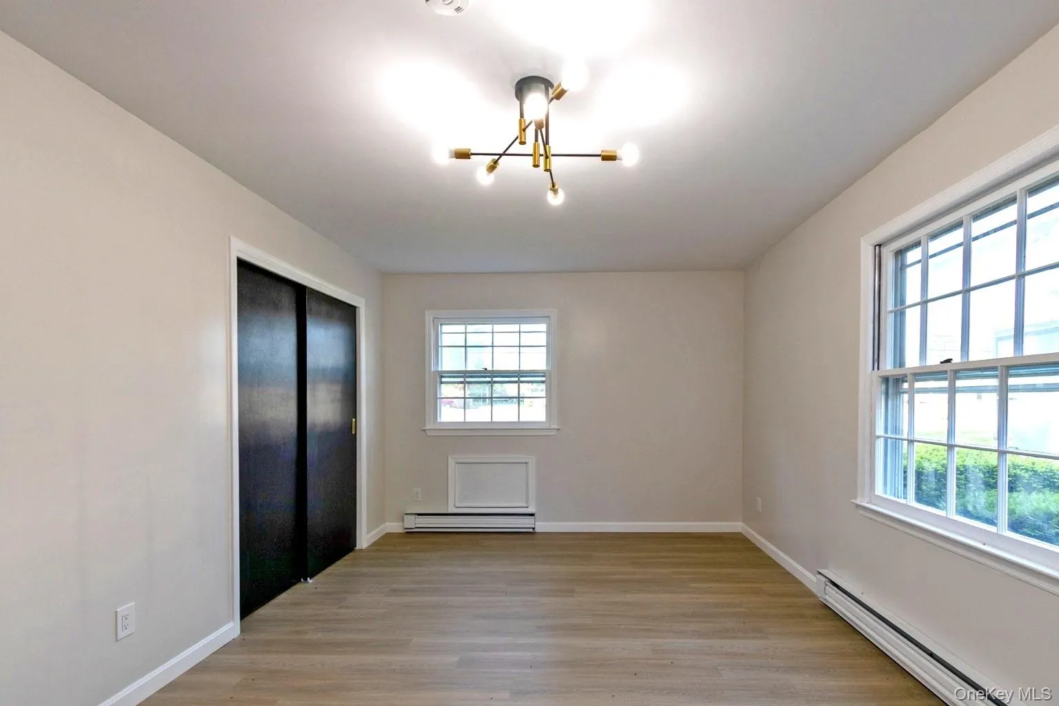 Neutral-toned room with wood-finish flooring, two large windows, a contemporary ceiling fixture, and a dark-paneled sliding closet door Neutral-toned room with wood-finish flooring, two large windows, a contemporary ceiling fixture, and a dark-paneled sliding closet door