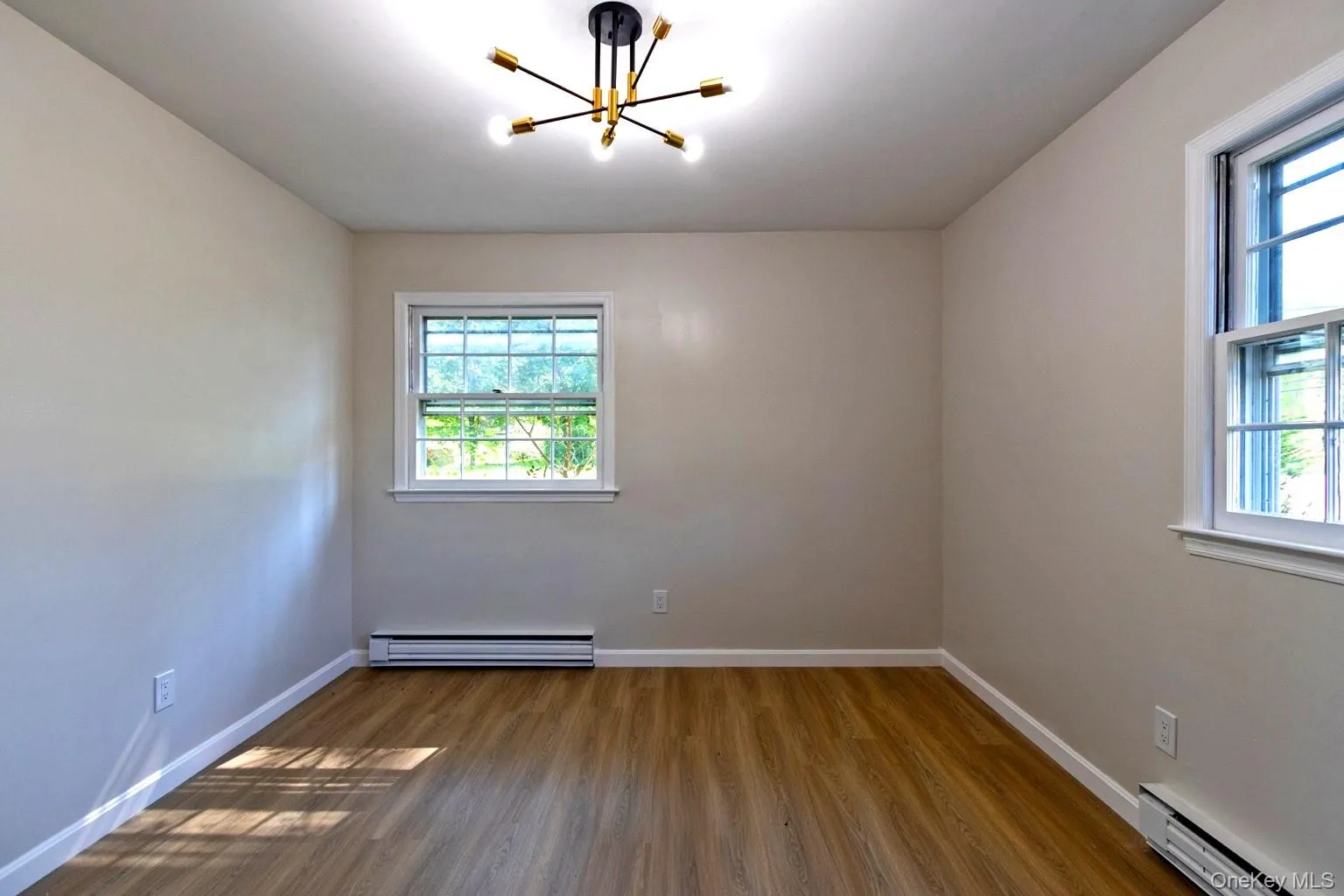 Room featuring wood-finish flooring, neutral wall tones, and white trim Room featuring wood-finish flooring, neutral wall tones, and white trim
