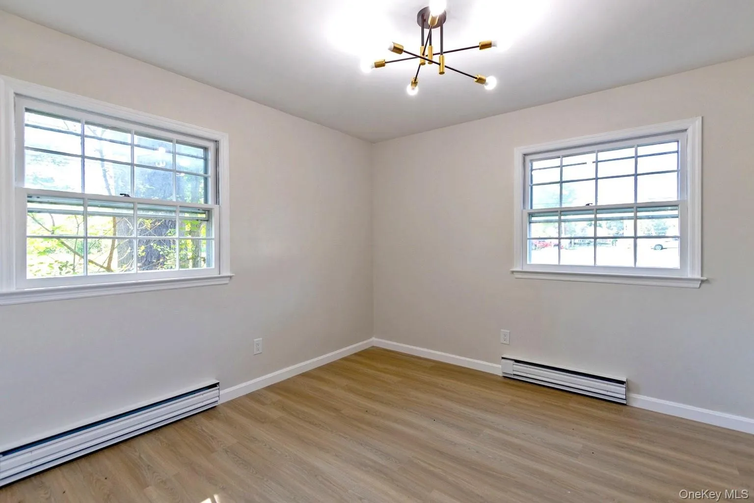 Spacious room featuring two large windows, wood-finish flooring, a contemporary ceiling light fixture, and baseboard heating Spacious room featuring two large windows, wood-finish flooring, a contemporary ceiling light fixture, and baseboard heating