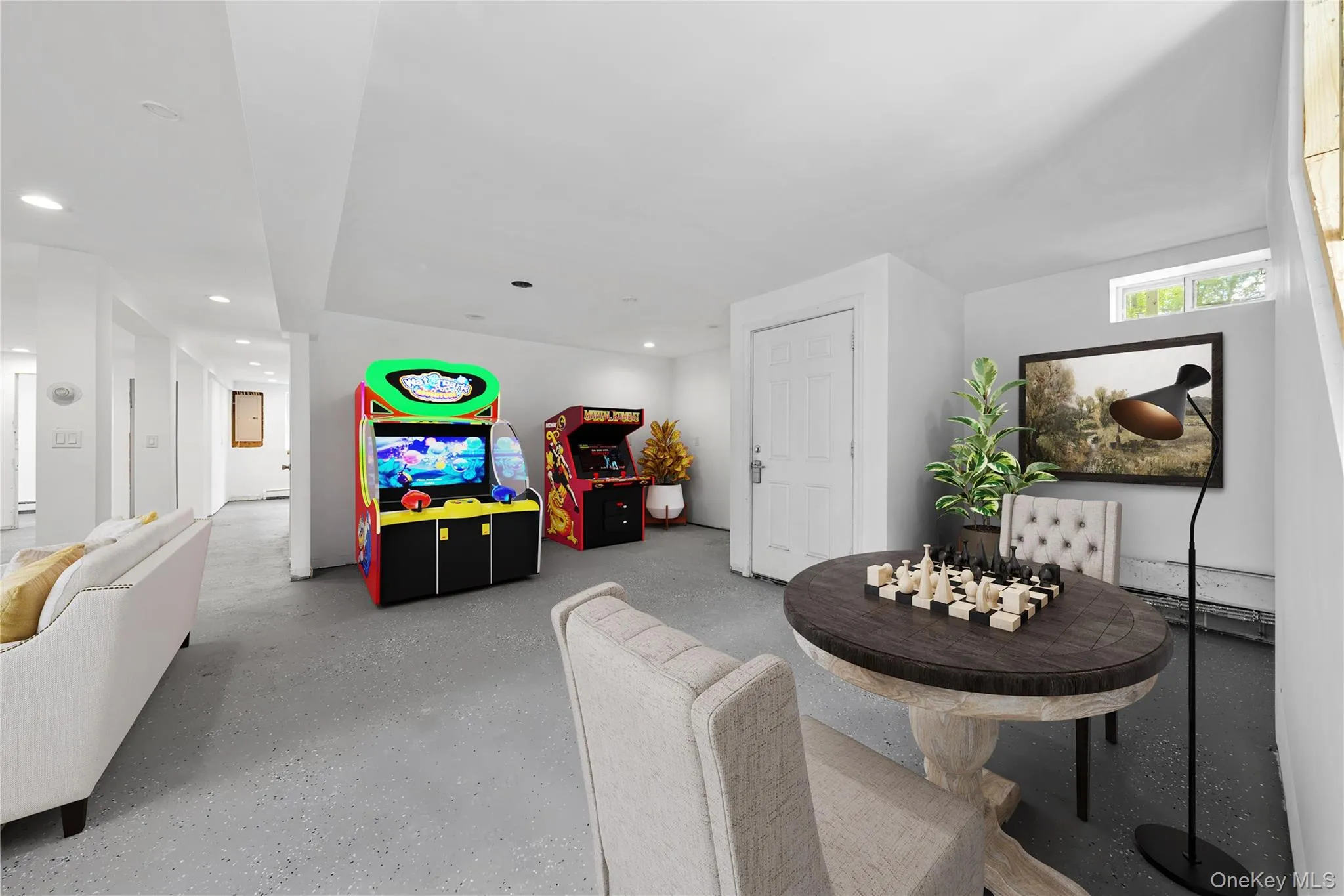 Finished basement featuring speckled flooring, recessed lighting, and a white paneled door. Image is Virtually Staged. Finished basement featuring speckled flooring, recessed lighting, and a white paneled door. Image is Virtually Staged.