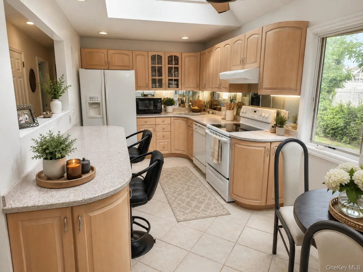 Eat-in-kitchen featuring light wood cabinetry, white appliances, speckled countertops, and white tile flooringDigitally staged eat-in-kitchen showing upgrade options Eat-in-kitchen featuring light wood cabinetry, white appliances, speckled countertops, and white tile flooringDigitally staged eat-in-kitchen showing upgrade options