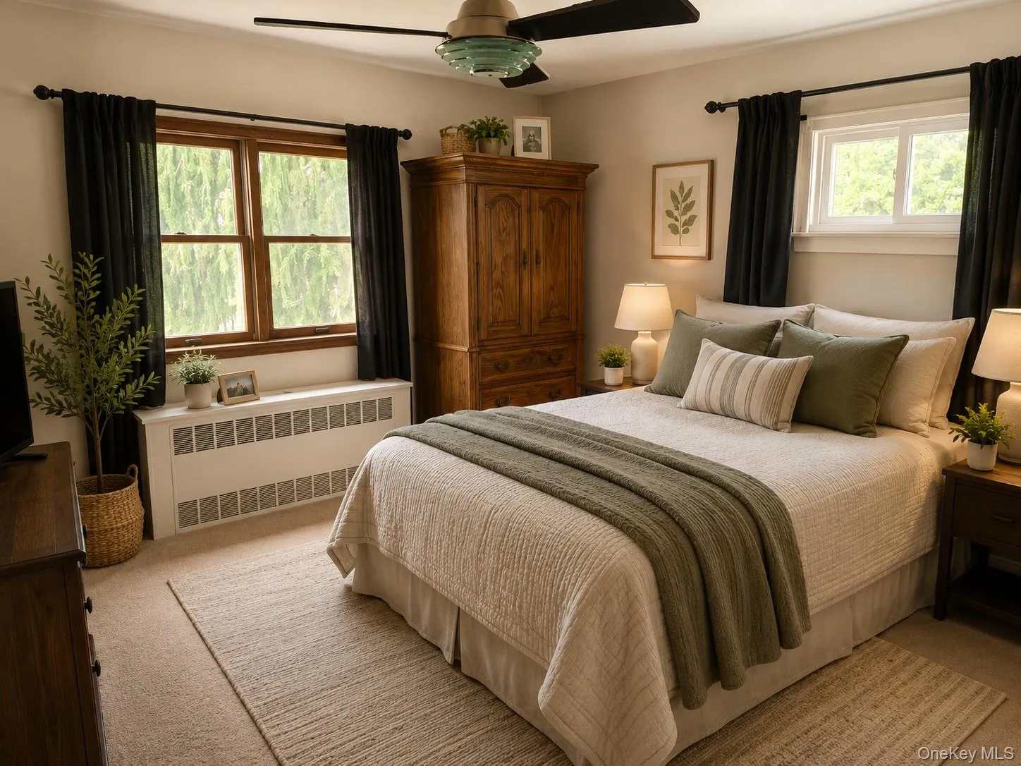 Primary bedroom with dual windows with wood trim and white sashes providing natural lightDigitally staged primary bedroom showing upgrade options Primary bedroom with dual windows with wood trim and white sashes providing natural lightDigitally staged primary bedroom showing upgrade options