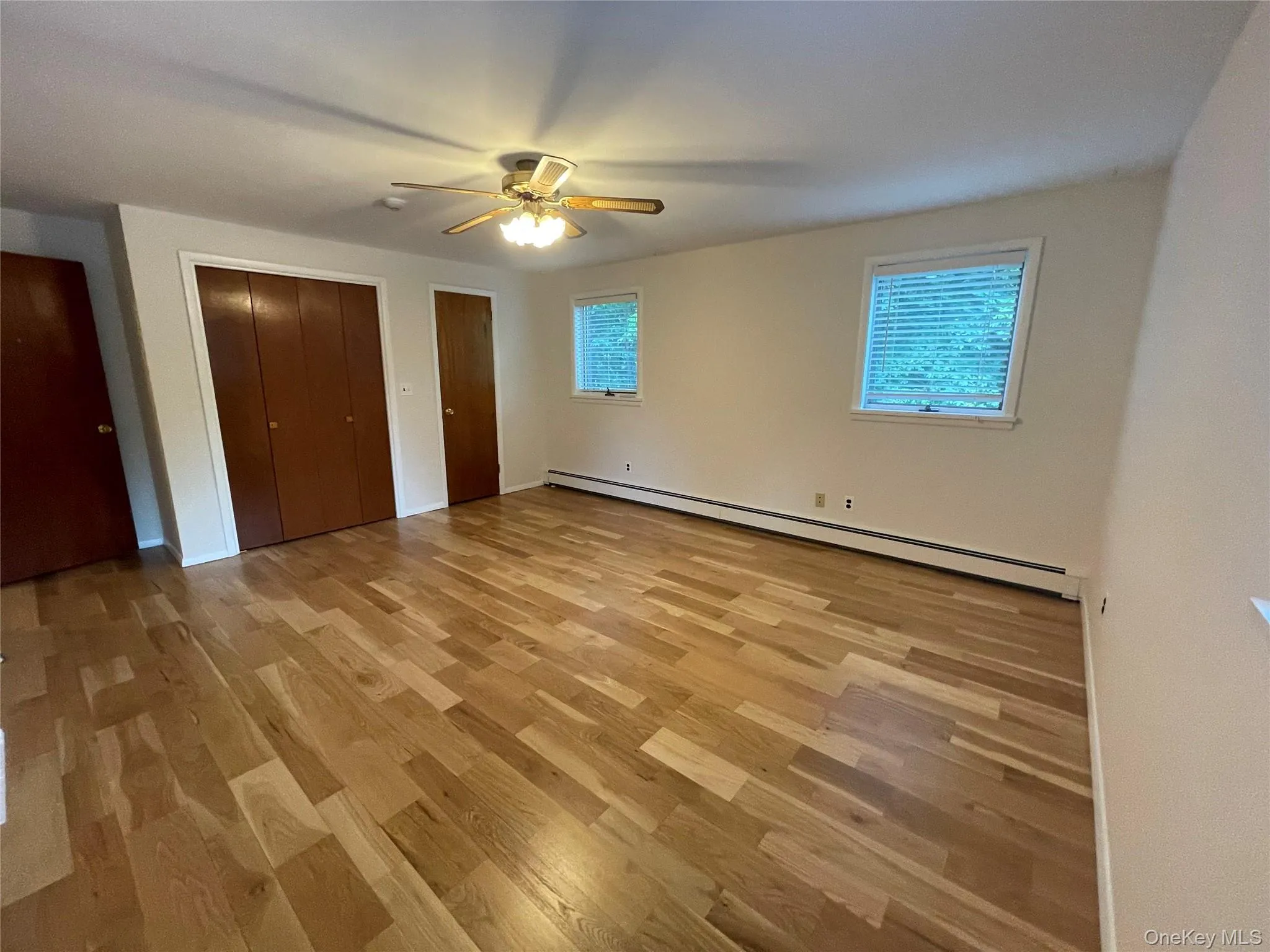 Primary bedroom with baseboard heating, multiple closets, light wood-style floors, and multiple windows Primary bedroom with baseboard heating, multiple closets, light wood-style floors, and multiple windows