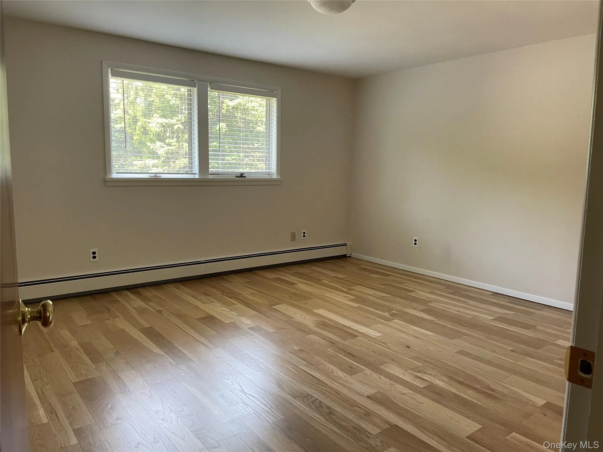 Empty room with a baseboard heating unit and light wood finished floors Empty room with a baseboard heating unit and light wood finished floors