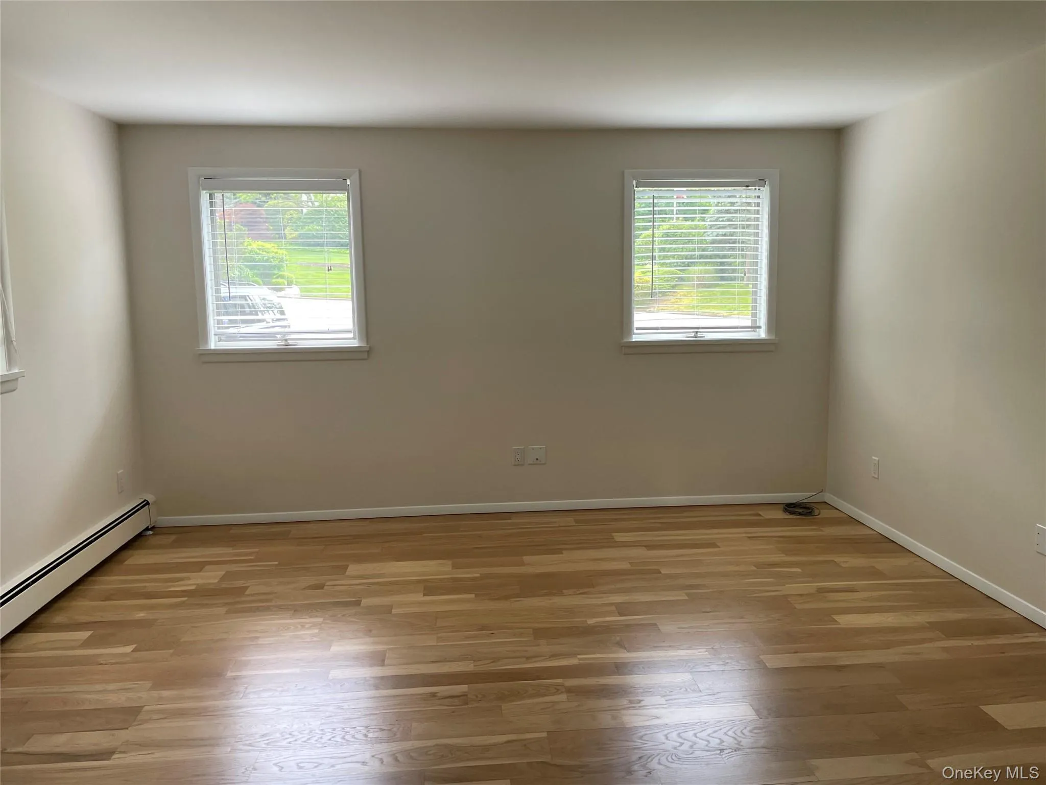 Living room with light wood-type flooring and a baseboard heating unit Living room with light wood-type flooring and a baseboard heating unit
