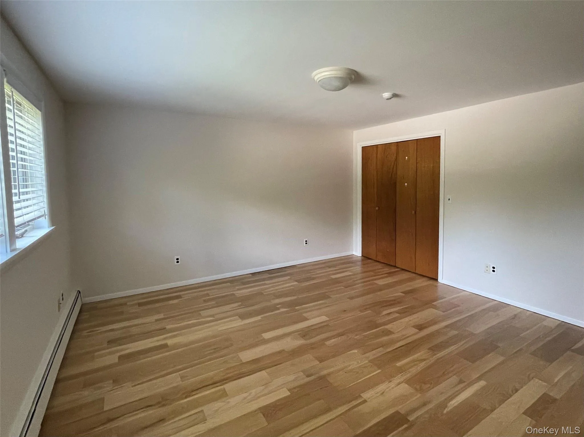 Unfurnished room with a baseboard heating unit and light wood-style floors Unfurnished room with a baseboard heating unit and light wood-style floors