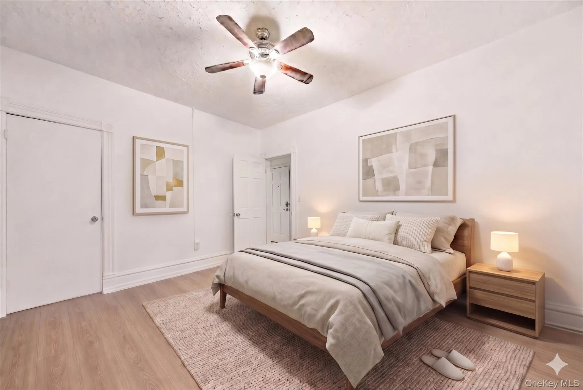 Virtually staged. Spacious bedroom featuring a soft neutral palette, modern furnishings, and a warm, relaxing atmosphere. Virtually staged. Spacious bedroom featuring a soft neutral palette, modern furnishings, and a warm, relaxing atmosphere.