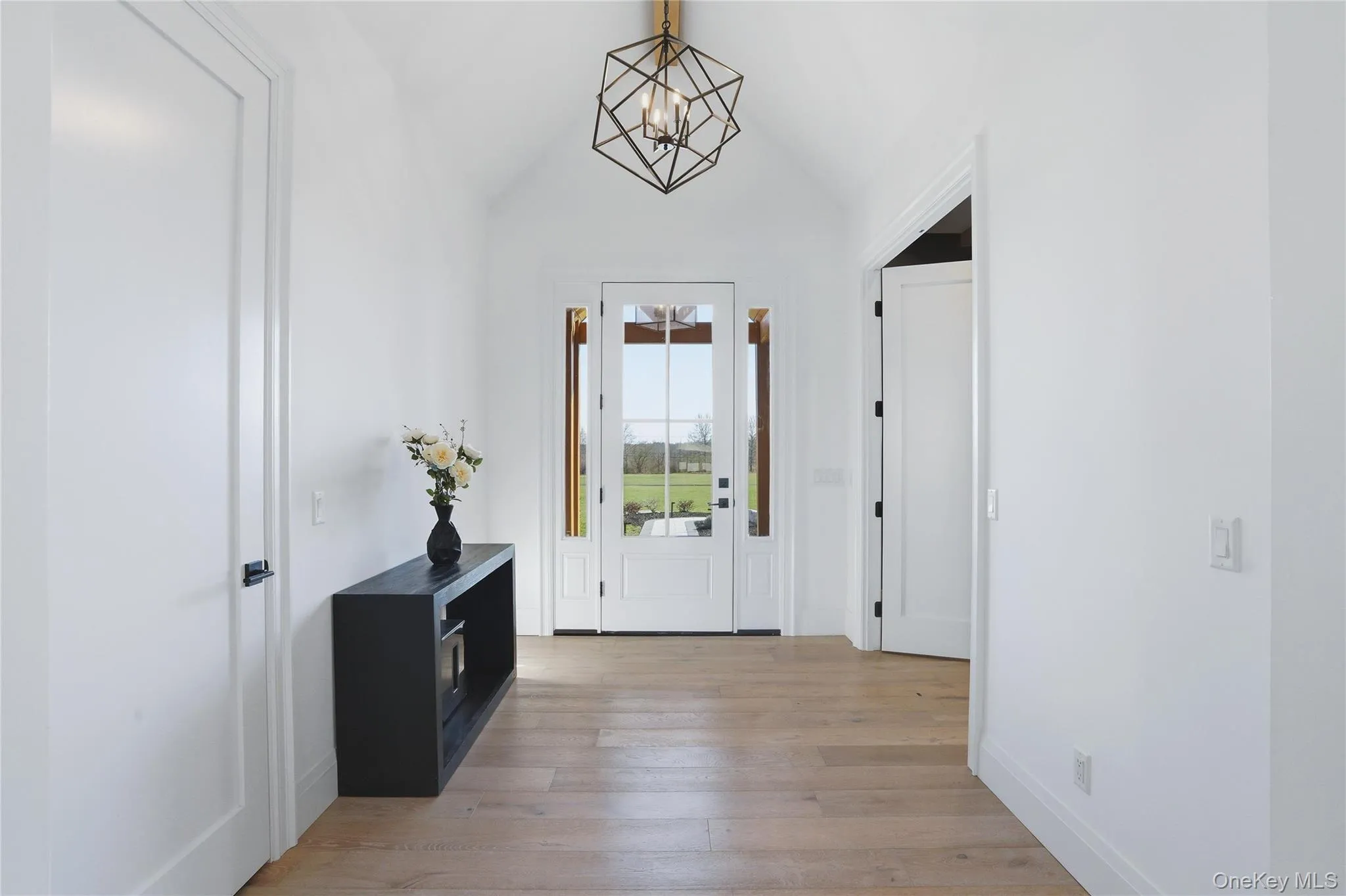 Vaulted foyer with light wood-finish flooring, a modern geometric chandelier, and a glass-paneled entry door flanked by sidelights Vaulted foyer with light wood-finish flooring, a modern geometric chandelier, and a glass-paneled entry door flanked by sidelights