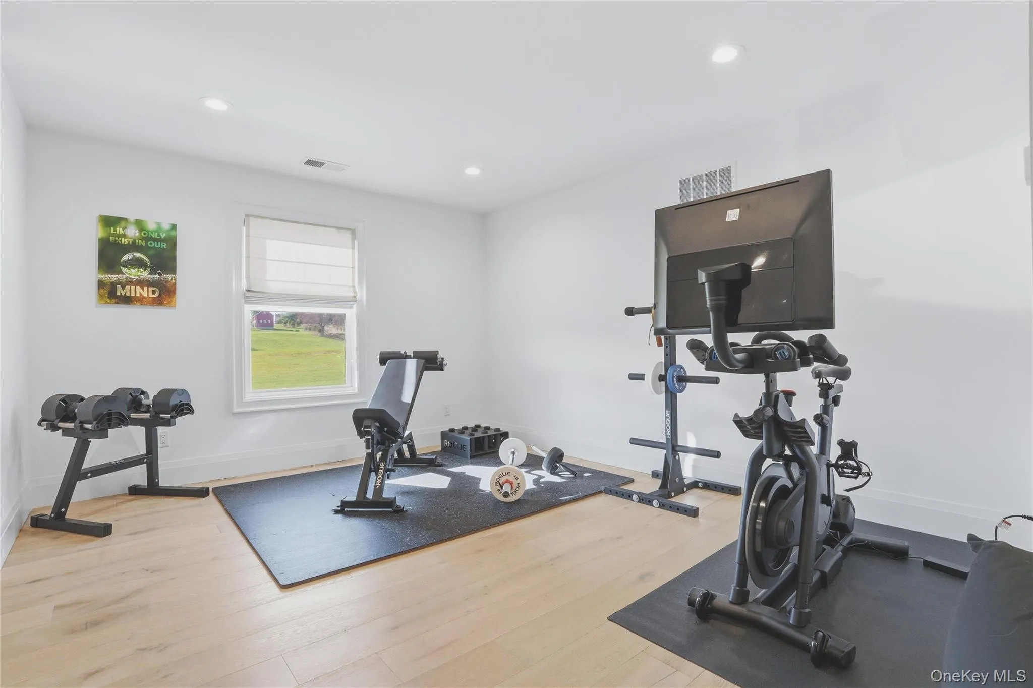 Versatile bonus room featuring light wood-finish flooring, recessed lighting, and a single window with a blind Versatile bonus room featuring light wood-finish flooring, recessed lighting, and a single window with a blind