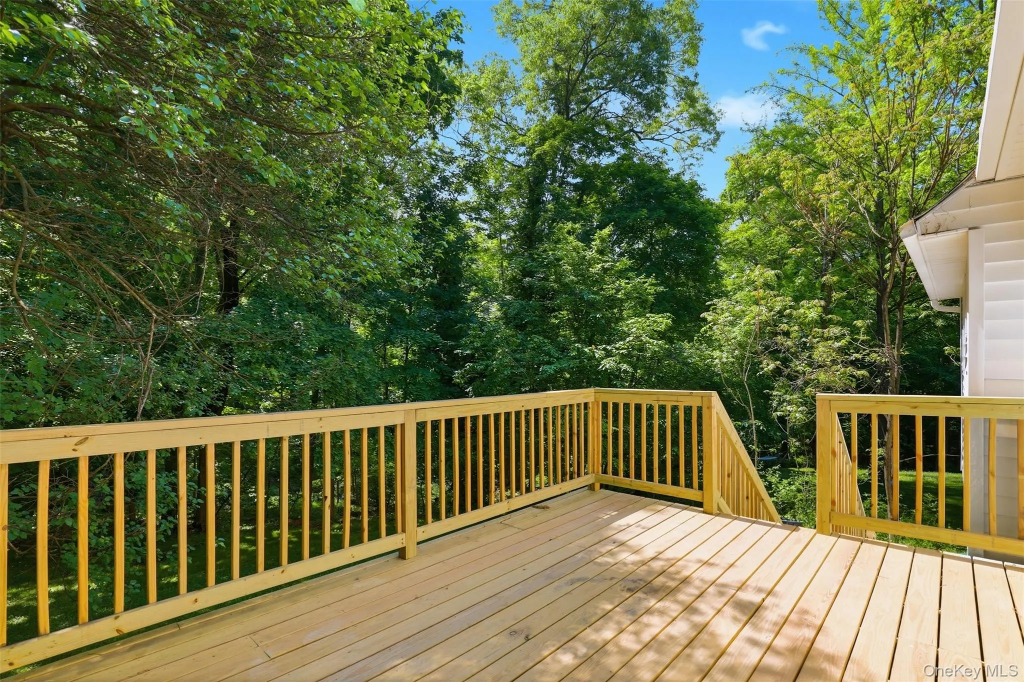 Expansive wooden deck featuring natural wood planks, a perimeter railing, and a set of wooden steps Expansive wooden deck featuring natural wood planks, a perimeter railing, and a set of wooden steps