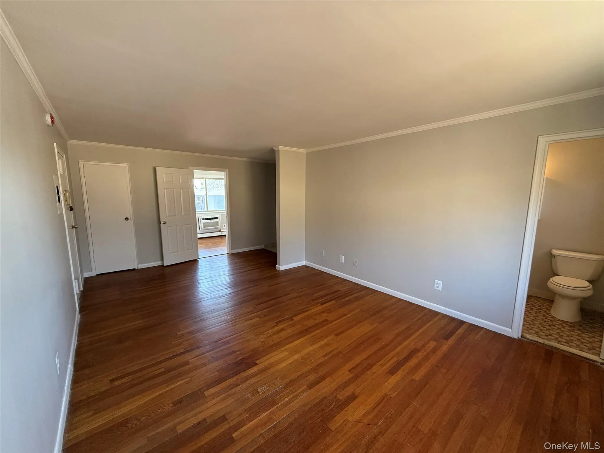Unfurnished bedroom with dark wood-style floors, baseboards, and crown molding Unfurnished bedroom with dark wood-style floors, baseboards, and crown molding