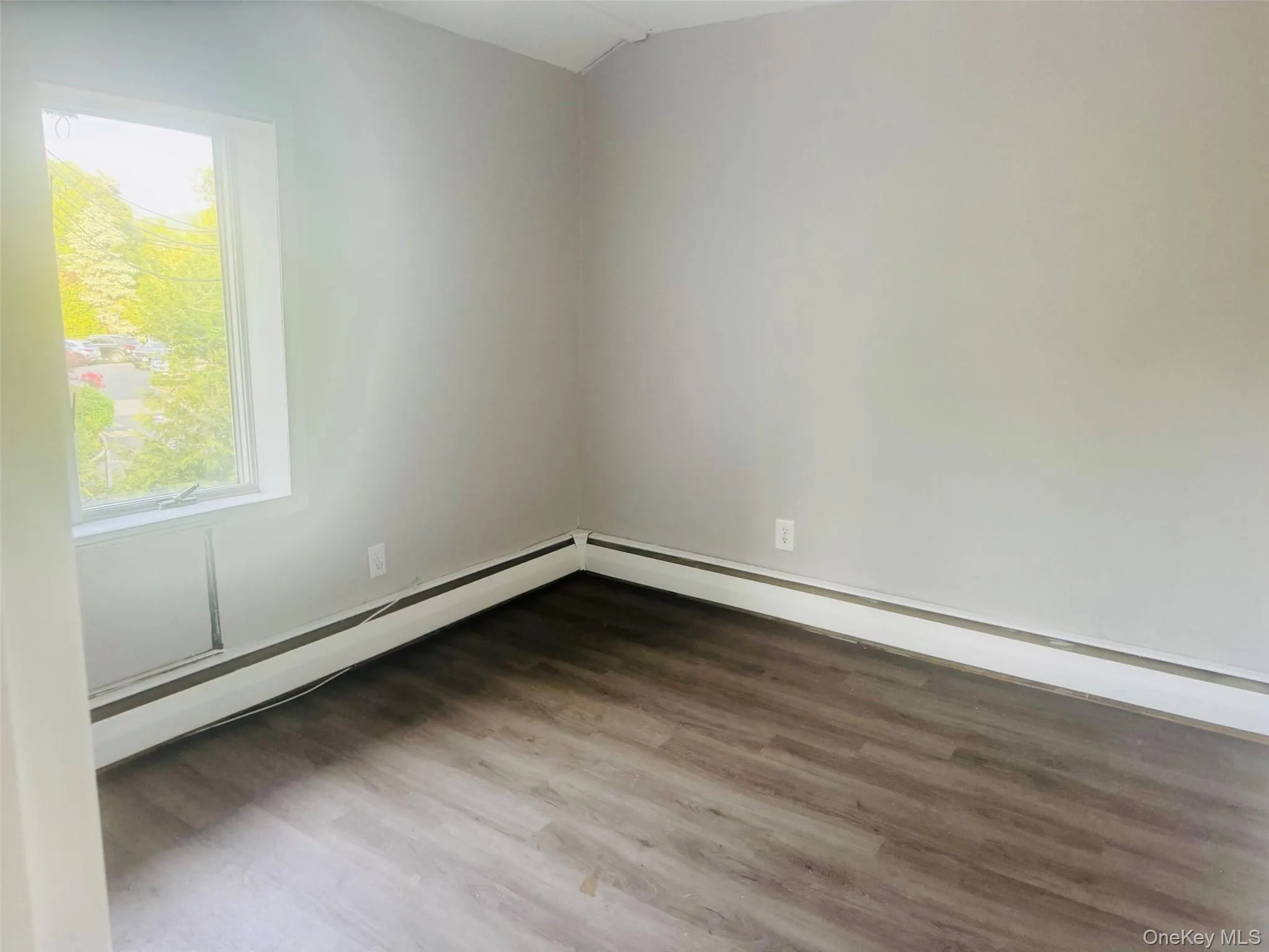 Bedroom featuring wood-finish flooring and light gray painted walls Bedroom featuring wood-finish flooring and light gray painted walls