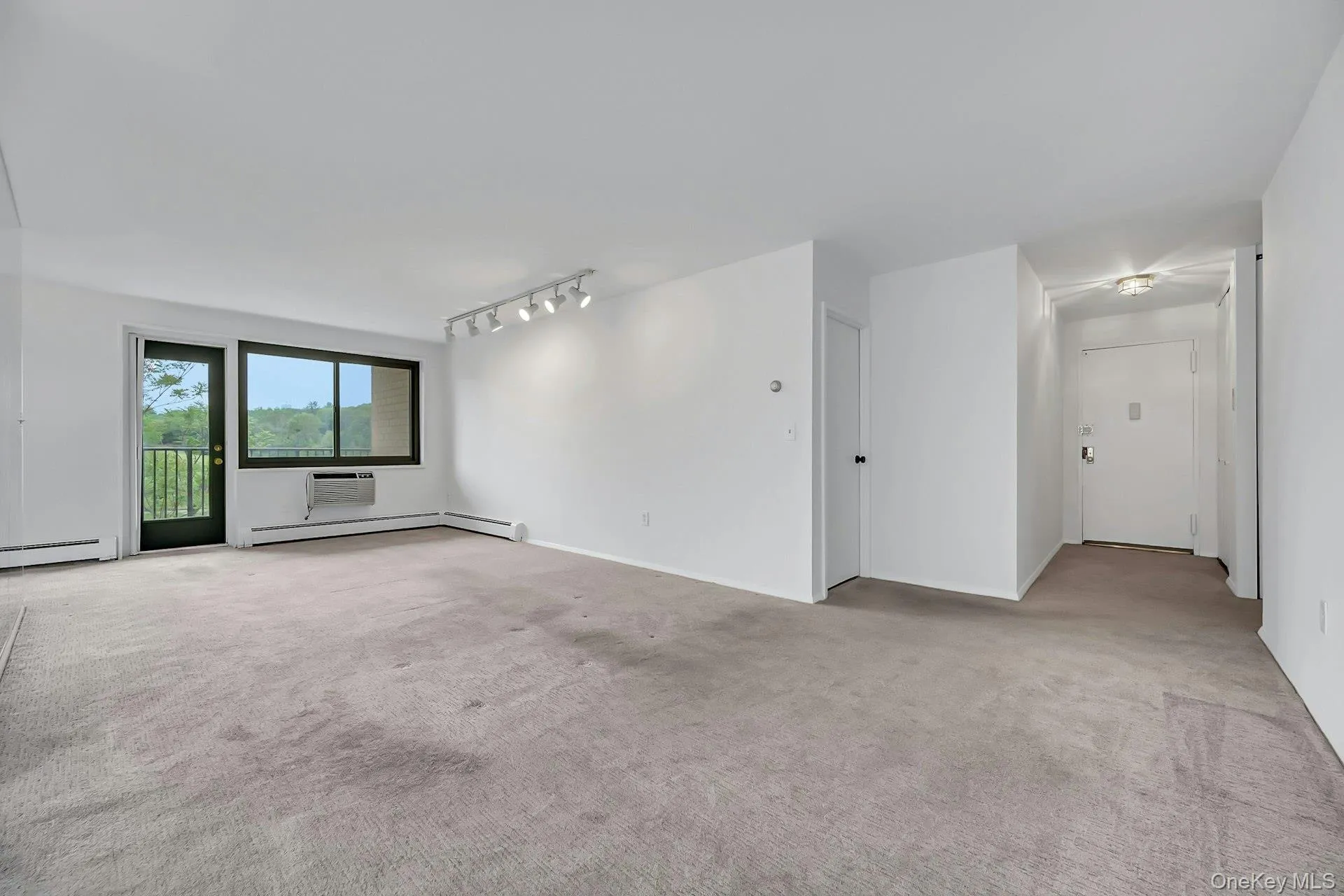 Expansive and bright living room looking back toward entry foyer and door Expansive and bright living room looking back toward entry foyer and door