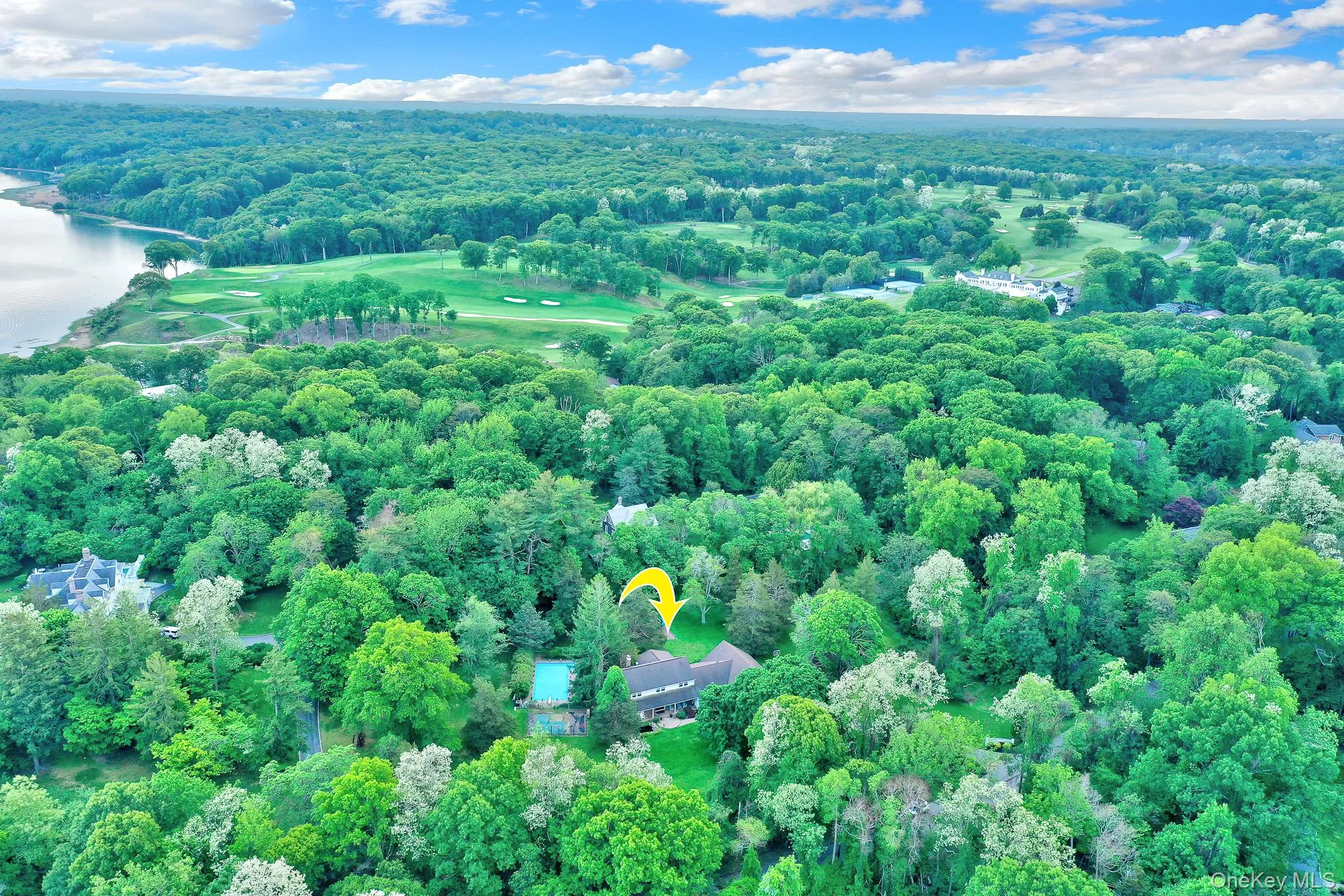 Expansive property featuring a private swimming pool, mature tree coverage, and a golf course nearby Expansive property featuring a private swimming pool, mature tree coverage, and a golf course nearby