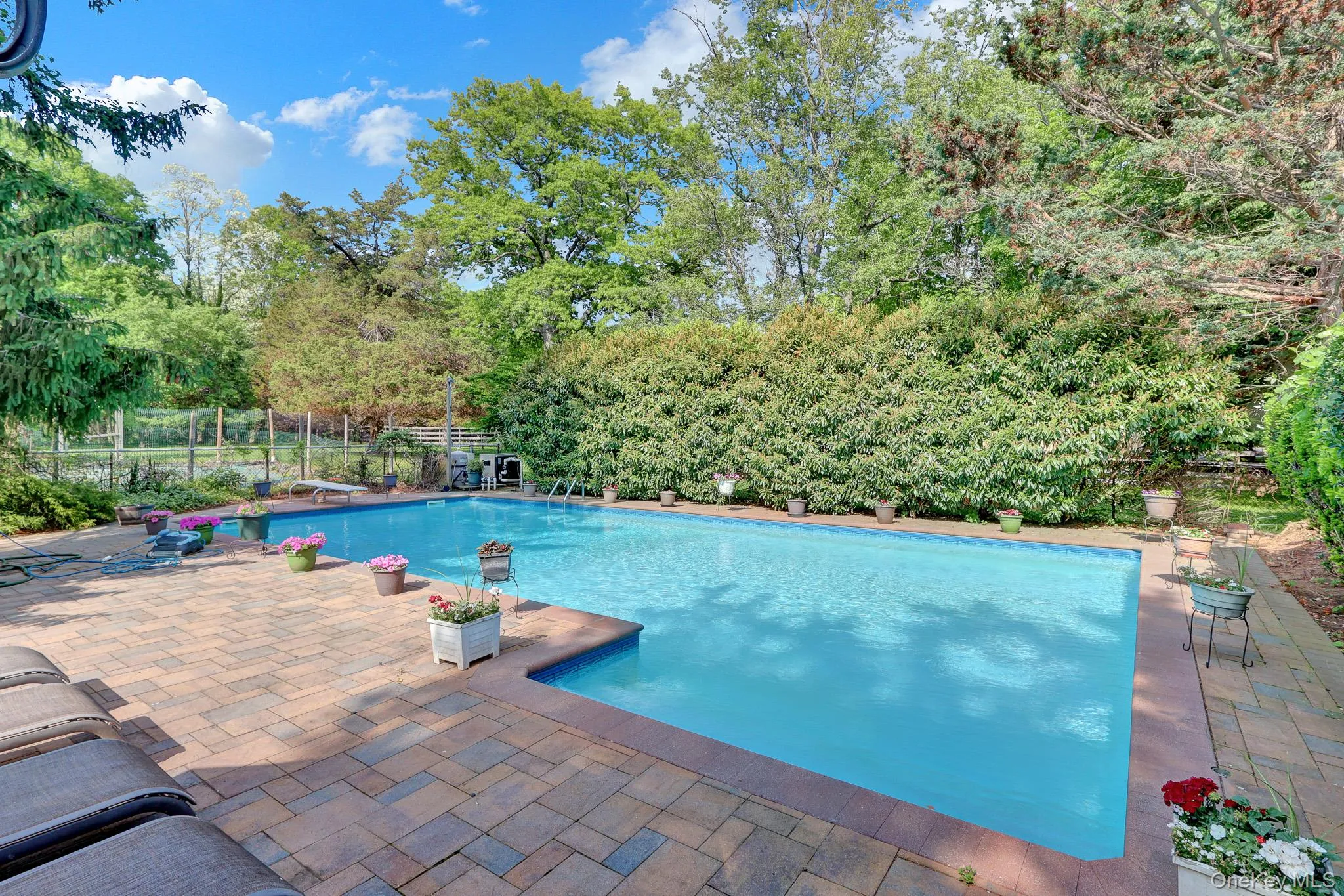 In-ground swimming pool featuring a paver patio surround and mature perimeter landscaping In-ground swimming pool featuring a paver patio surround and mature perimeter landscaping