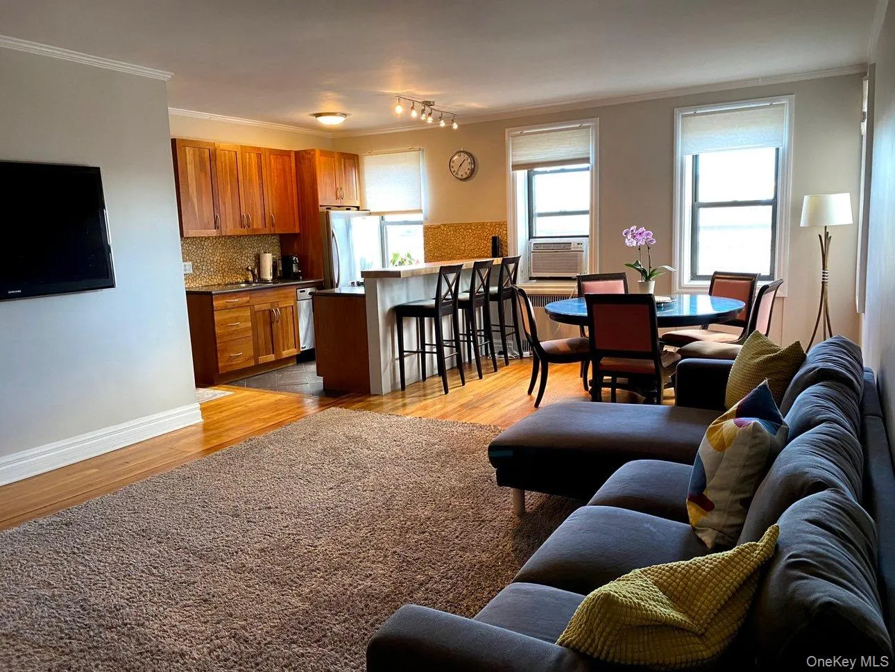 Living area with cooling unit, baseboards, wood finished floors, rail lighting, and ornamental molding Living area with cooling unit, baseboards, wood finished floors, rail lighting, and ornamental molding