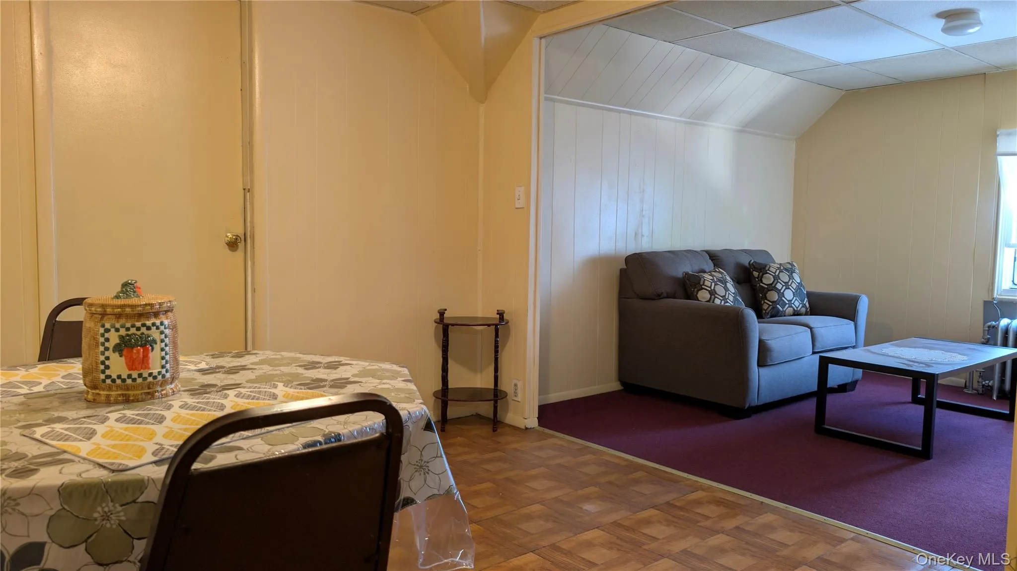 Wood-finish flooring in the foreground area with a doorway leading to a carpeted room featuring white paneling on one wall and a window with a radiator below Wood-finish flooring in the foreground area with a doorway leading to a carpeted room featuring white paneling on one wall and a window with a radiator below