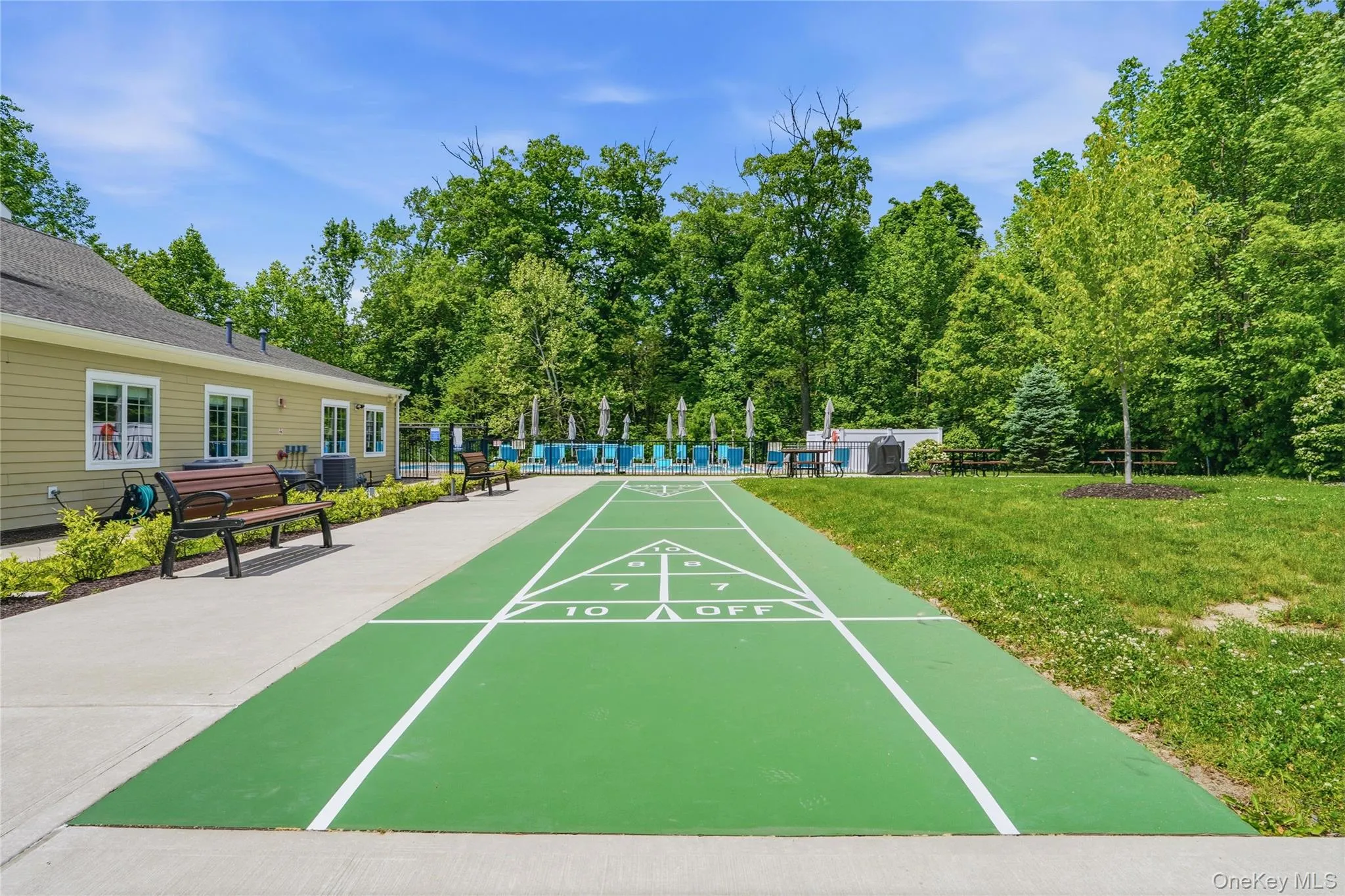 Outdoor shuffleboard court with distinct green playing surface and white markings Outdoor shuffleboard court with distinct green playing surface and white markings