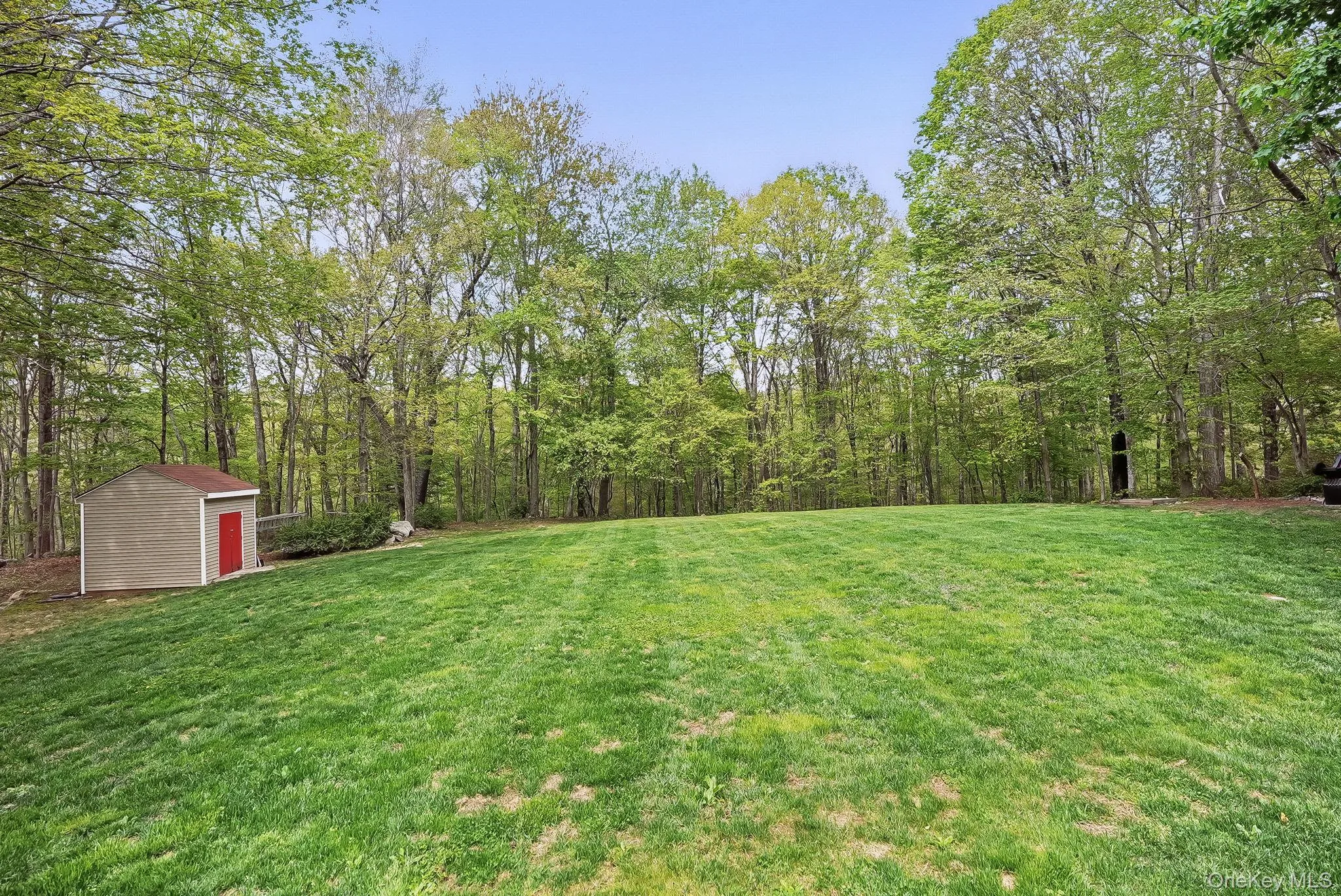 View of grassy yard with a storage unit, an outdoor structure, and a view of trees View of grassy yard with a storage unit, an outdoor structure, and a view of trees