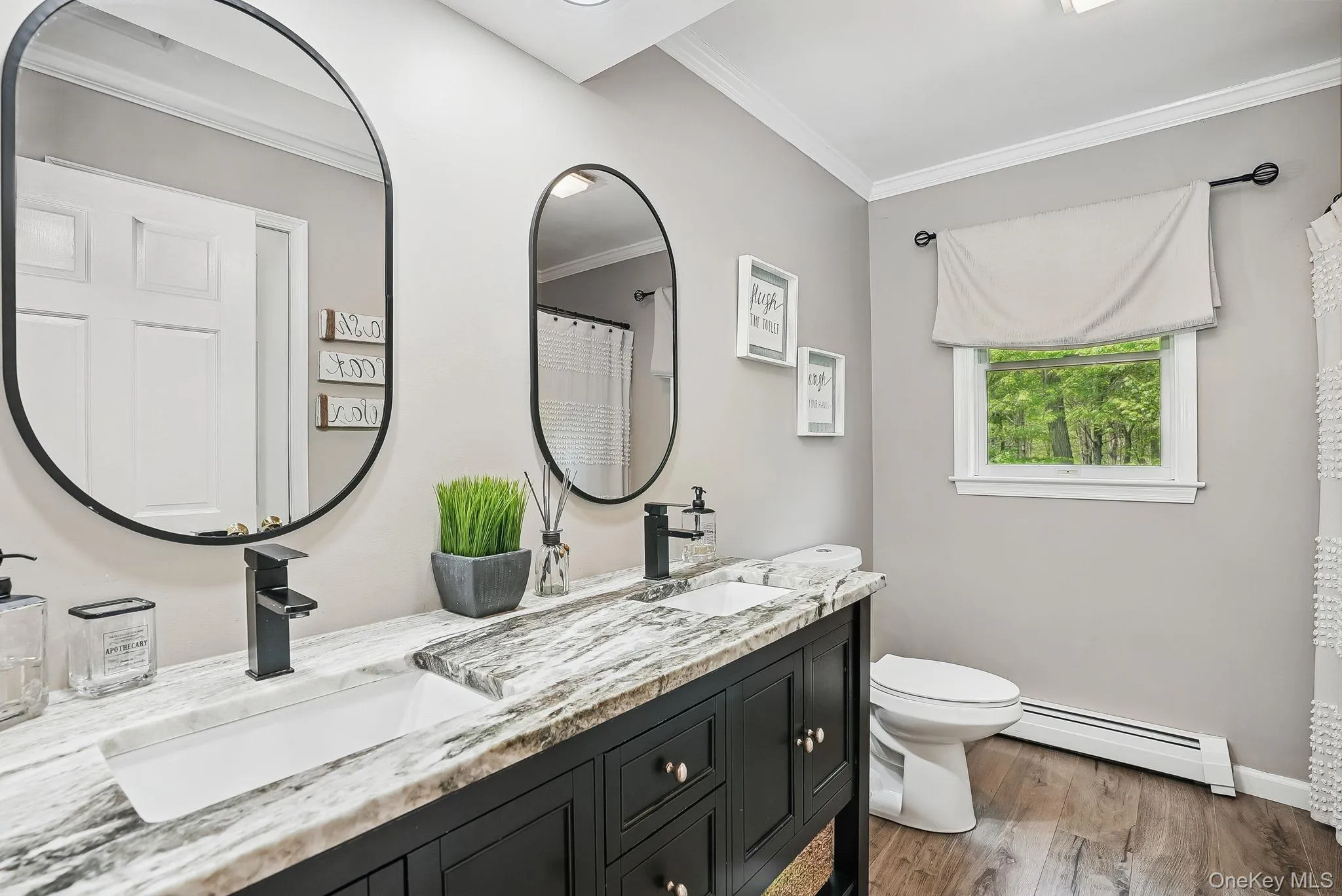 Bathroom with a baseboard radiator, toilet, wood finished floors, double vanity, and crown molding Bathroom with a baseboard radiator, toilet, wood finished floors, double vanity, and crown molding