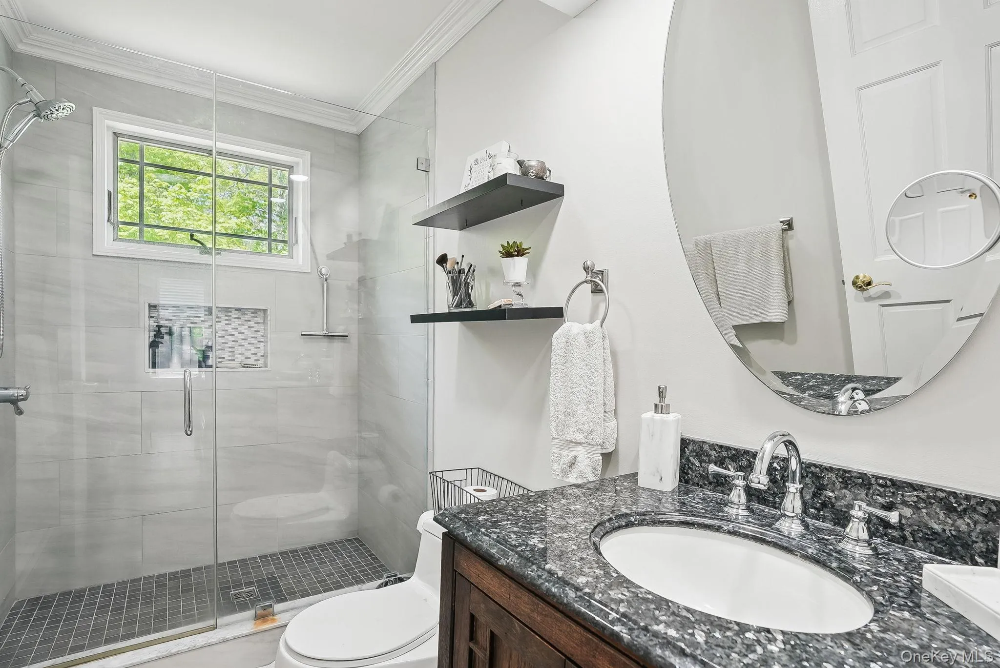 Bathroom with crown molding, a stall shower, toilet, and vanity Bathroom with crown molding, a stall shower, toilet, and vanity