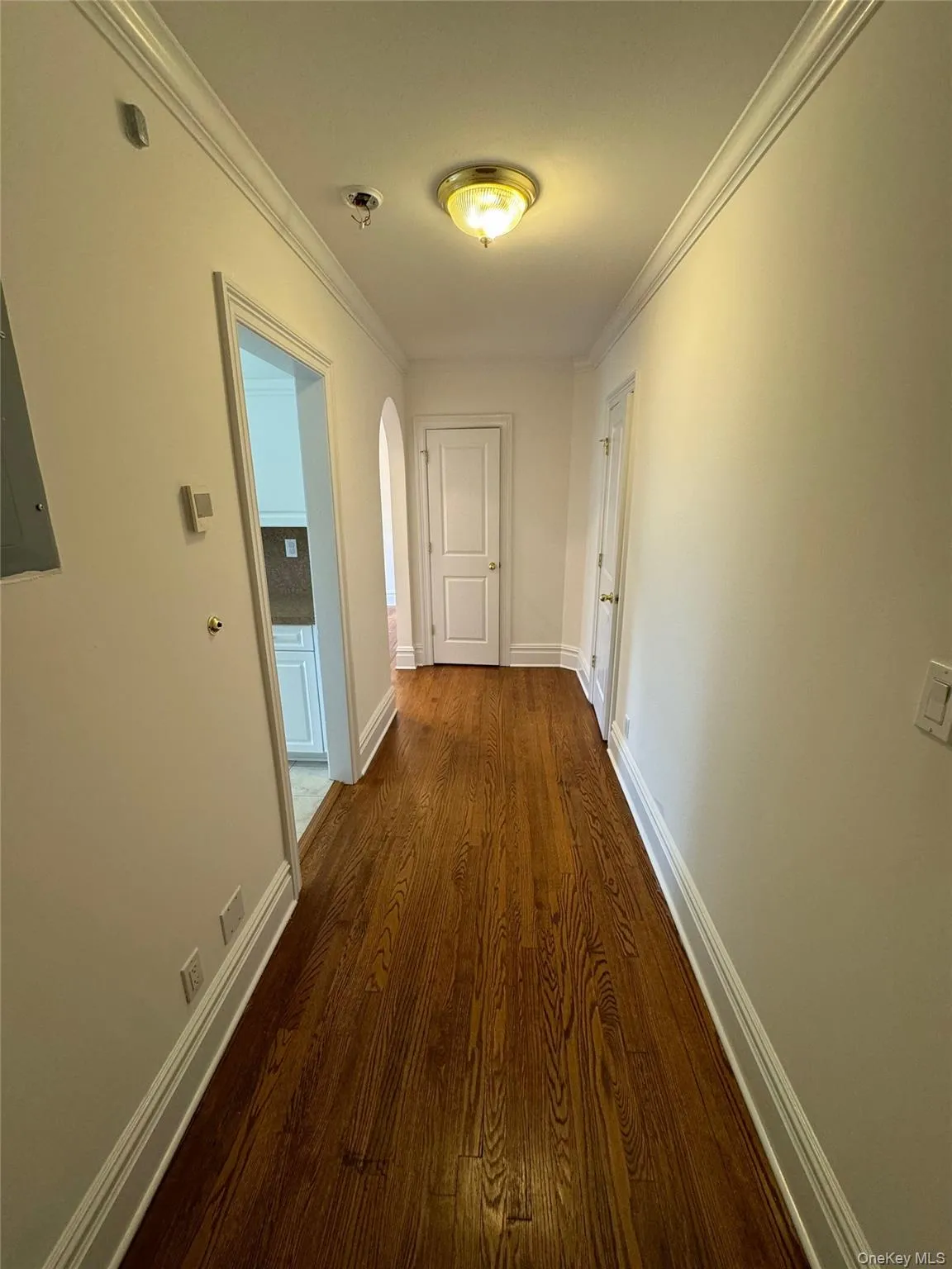 Corridor featuring crown molding, dark wood finished floors, and arched walkways Corridor featuring crown molding, dark wood finished floors, and arched walkways