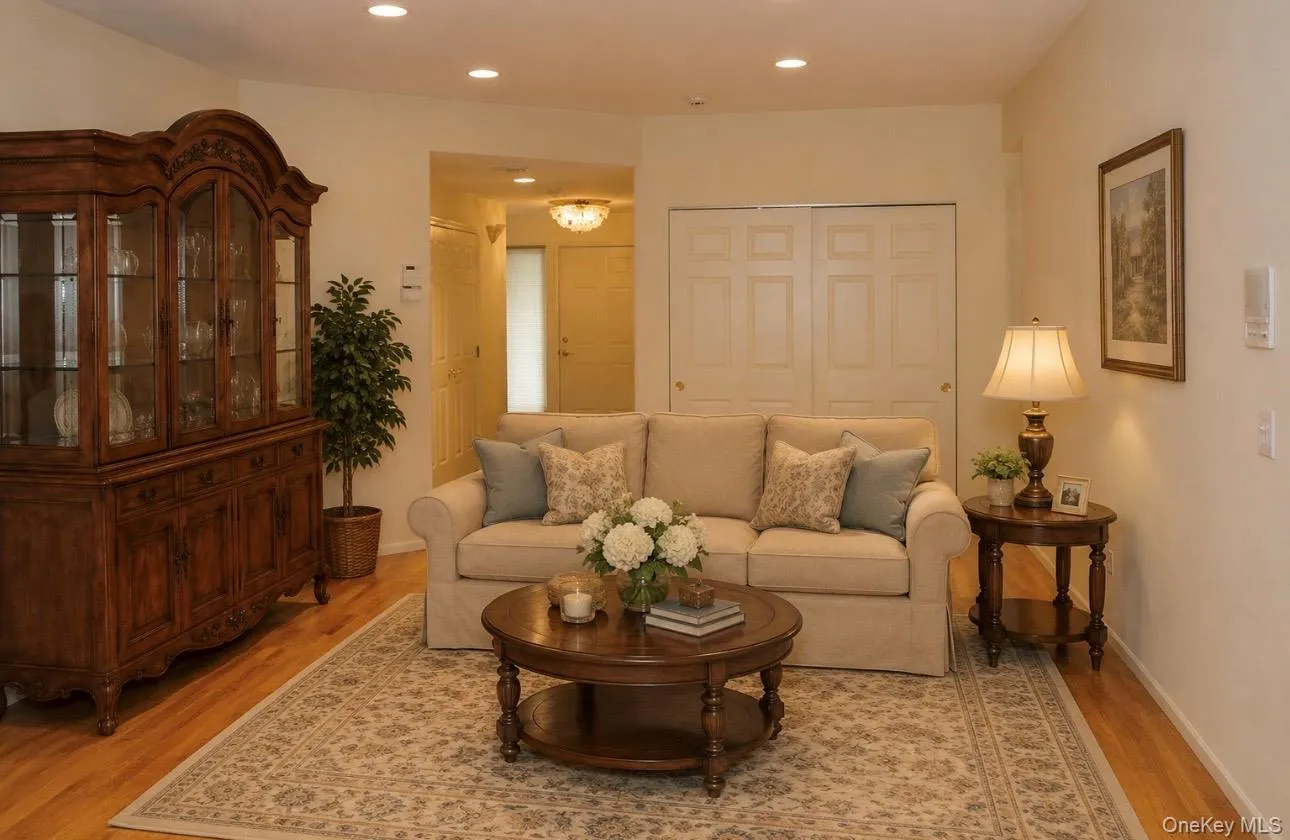 Open Living Room area featuring wood-finish flooring, recessed lighting, and a neutral color palette Open Living Room area featuring wood-finish flooring, recessed lighting, and a neutral color palette