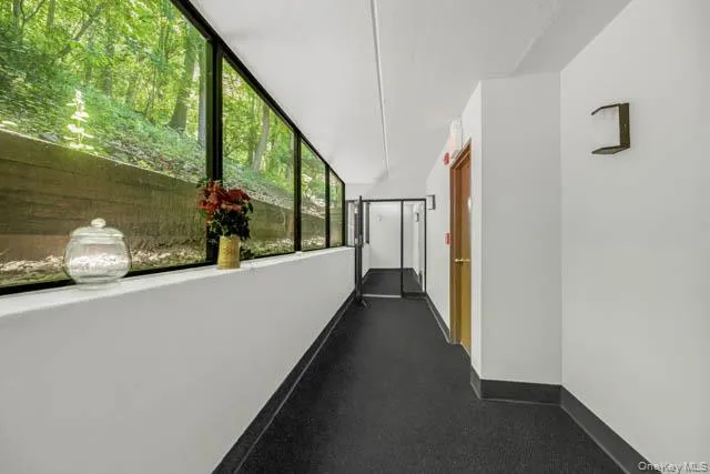 Hallway featuring expansive full-height windows, black frame accents, white walls, and dark flooring Hallway featuring expansive full-height windows, black frame accents, white walls, and dark flooring