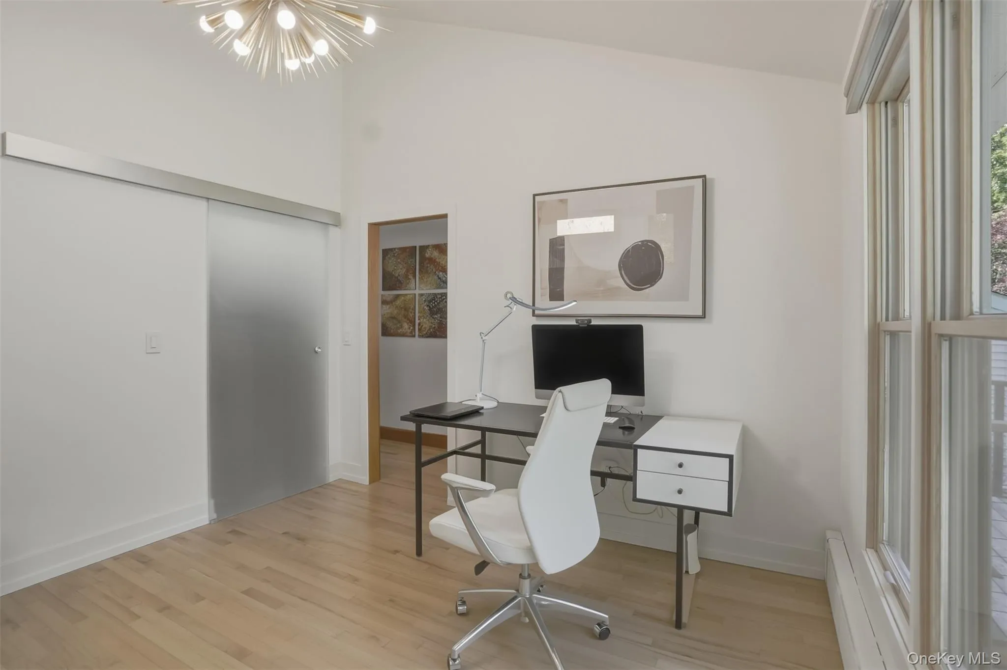 Bedroom 2/Office with barn door for closet and pocket door at entrance. Bedroom 2/Office with barn door for closet and pocket door at entrance.