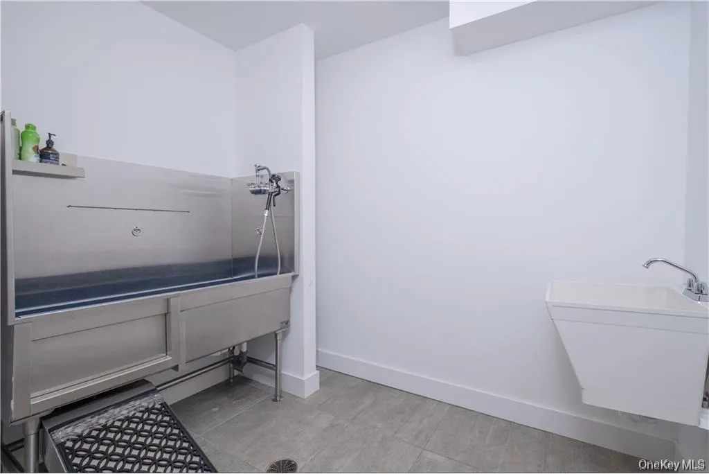 Dedicated pet wash station featuring a stainless steel basin with an integrated sprayer and a wall-mounted utility sink Dedicated pet wash station featuring a stainless steel basin with an integrated sprayer and a wall-mounted utility sink