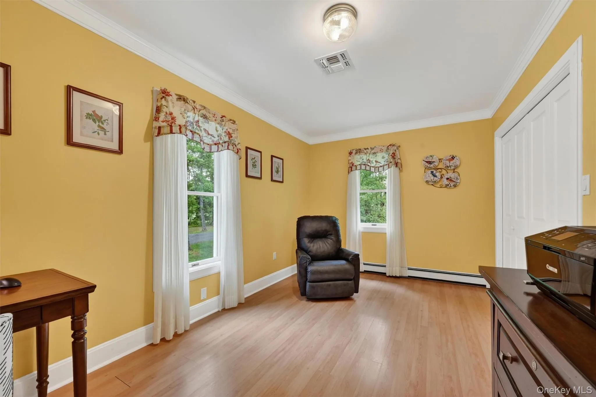 Room featuring wood-finish flooring, two window openings, crown molding, and a flush-mount ceiling light fixture Room featuring wood-finish flooring, two window openings, crown molding, and a flush-mount ceiling light fixture
