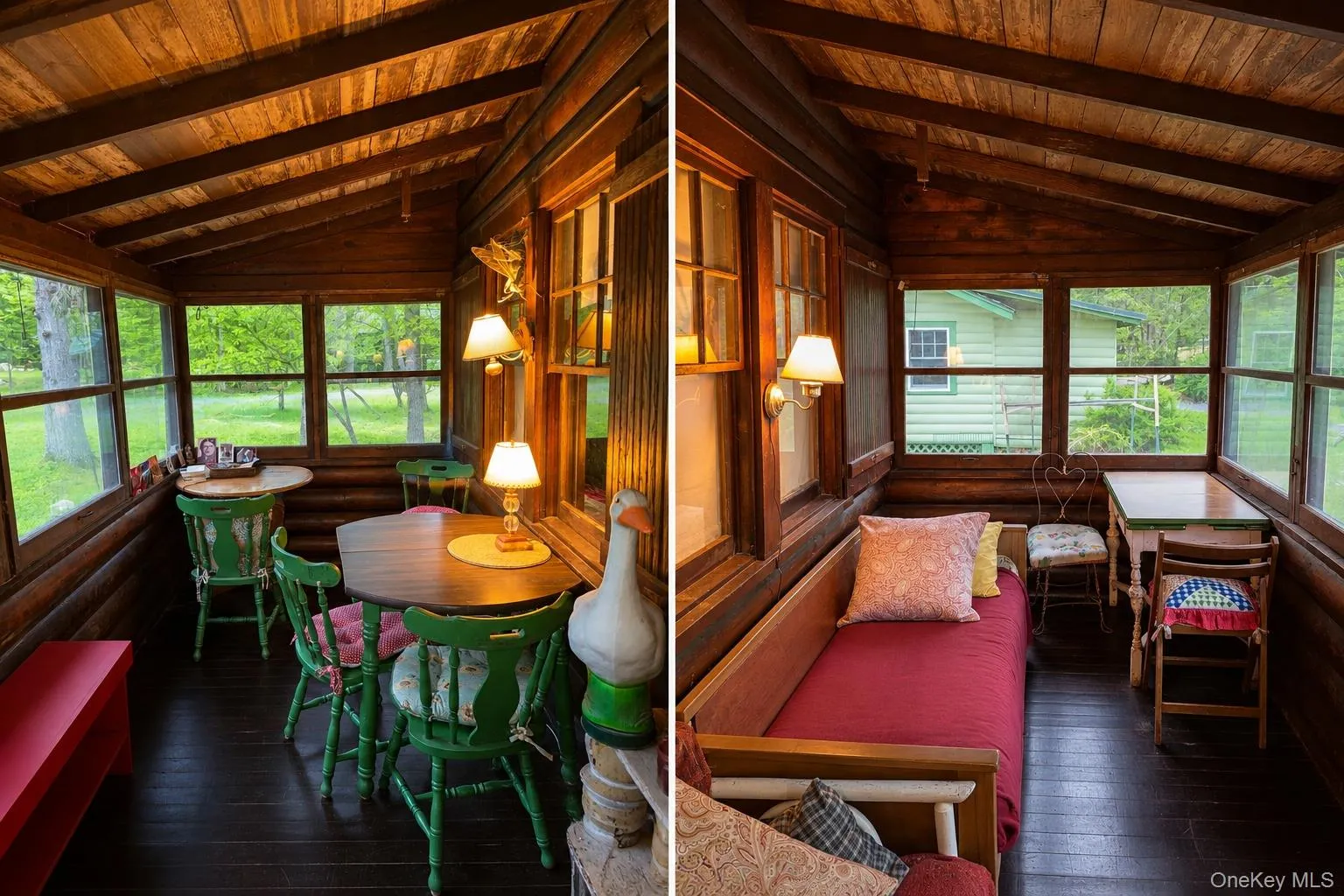 Enclosed 3 season porch featuring wood-finish flooring, wood plank walls, and an exposed wood beam ceiling Enclosed 3 season porch featuring wood-finish flooring, wood plank walls, and an exposed wood beam ceiling
