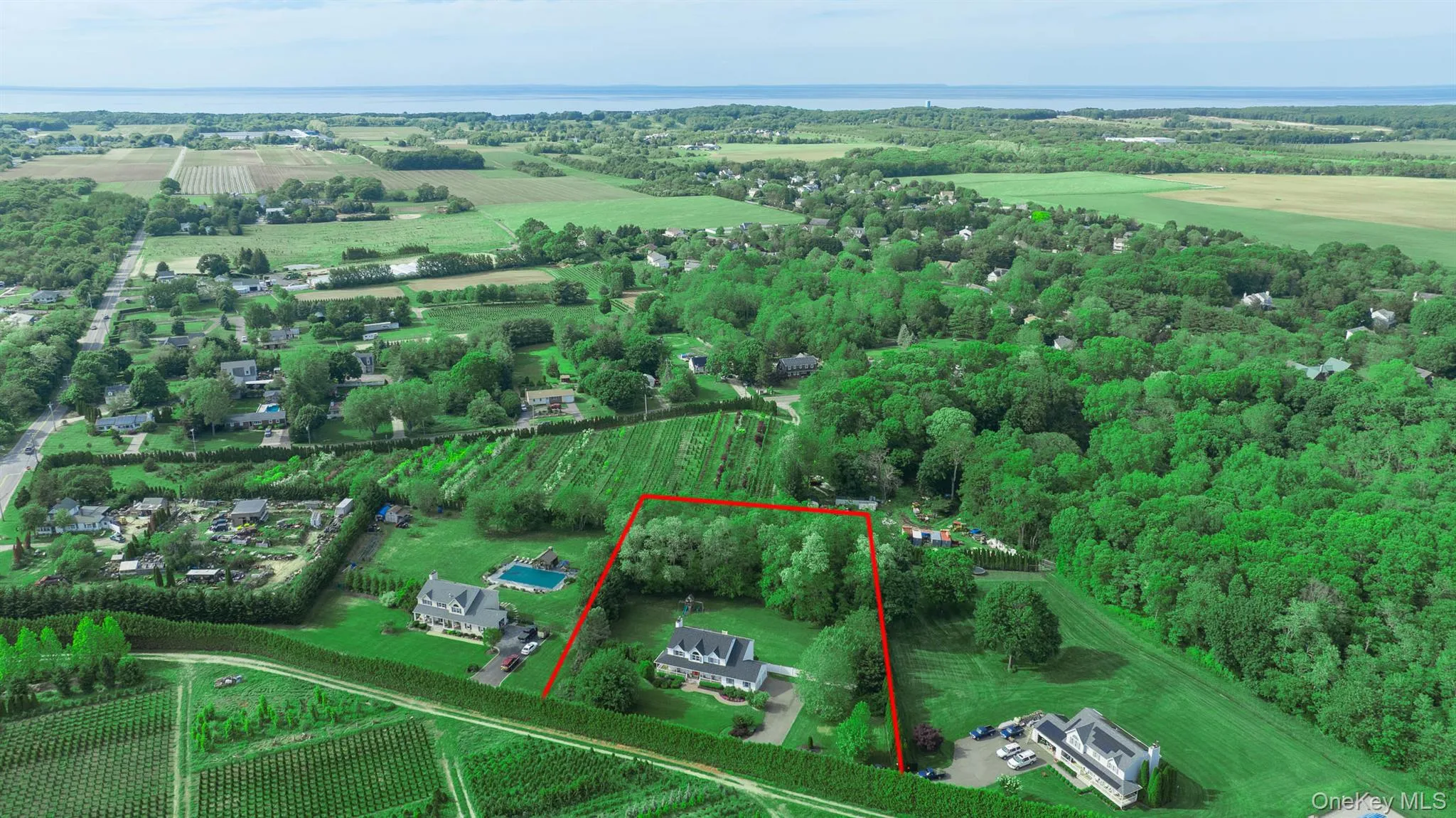 Aerial perspective showcasing a property outlined in red with substantial tree cover Aerial perspective showcasing a property outlined in red with substantial tree cover