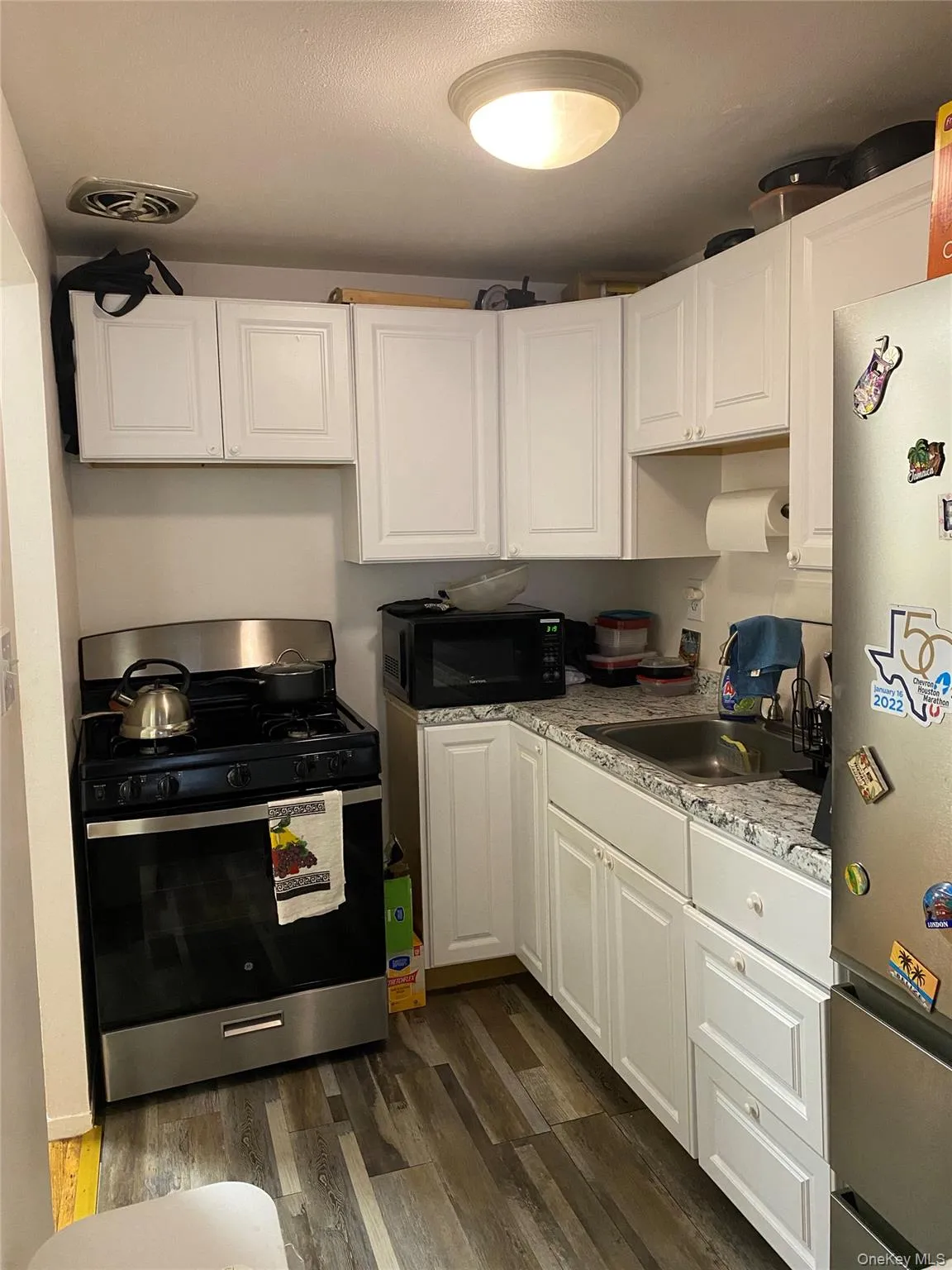 Kitchen featuring white cabinets, appliances with stainless steel finishes, dark wood-style flooring, and a sink Kitchen featuring white cabinets, appliances with stainless steel finishes, dark wood-style flooring, and a sink