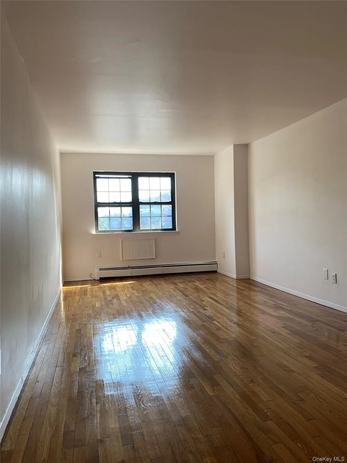Empty room with a baseboard heating unit, baseboards, and hardwood / wood-style flooring Empty room with a baseboard heating unit, baseboards, and hardwood / wood-style flooring