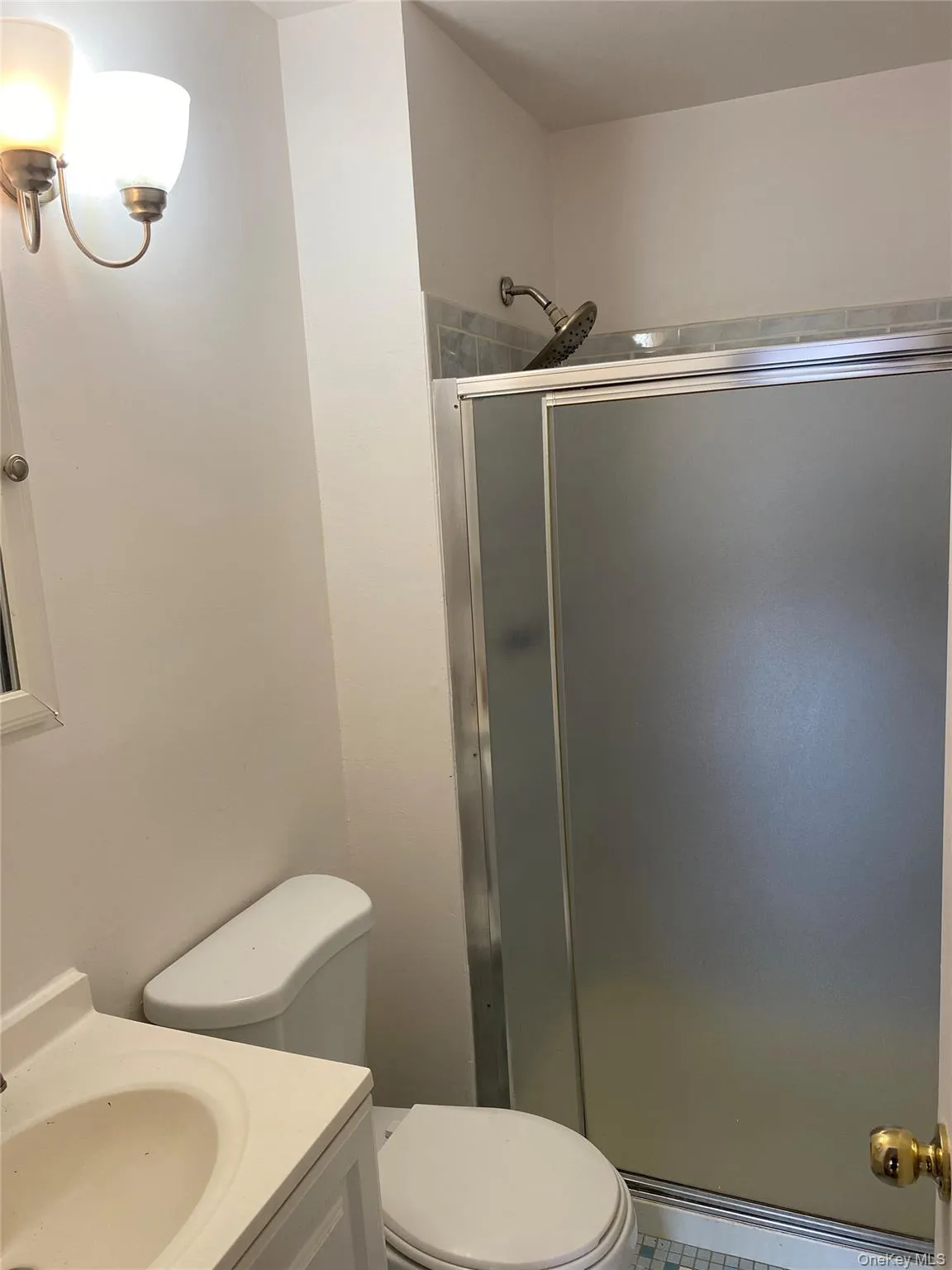 Bathroom with toilet, vanity, and a stall shower Bathroom with toilet, vanity, and a stall shower