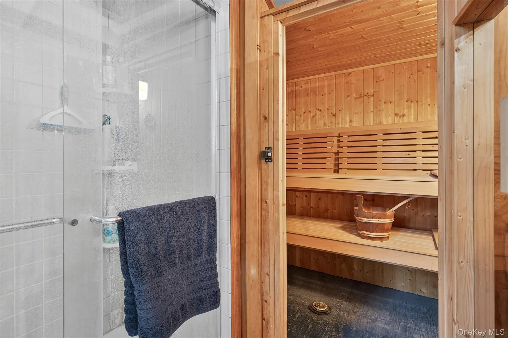 View of sauna + shower in the primary bathroom View of sauna + shower in the primary bathroom