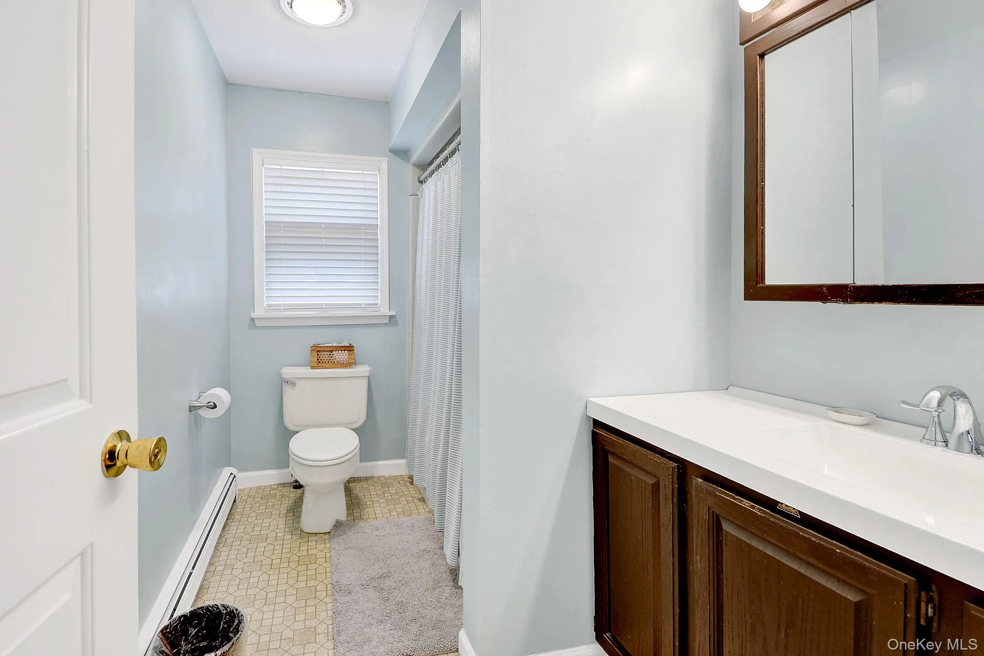 Windowed hallway bathroom with a large vanity and a bathtub Windowed hallway bathroom with a large vanity and a bathtub