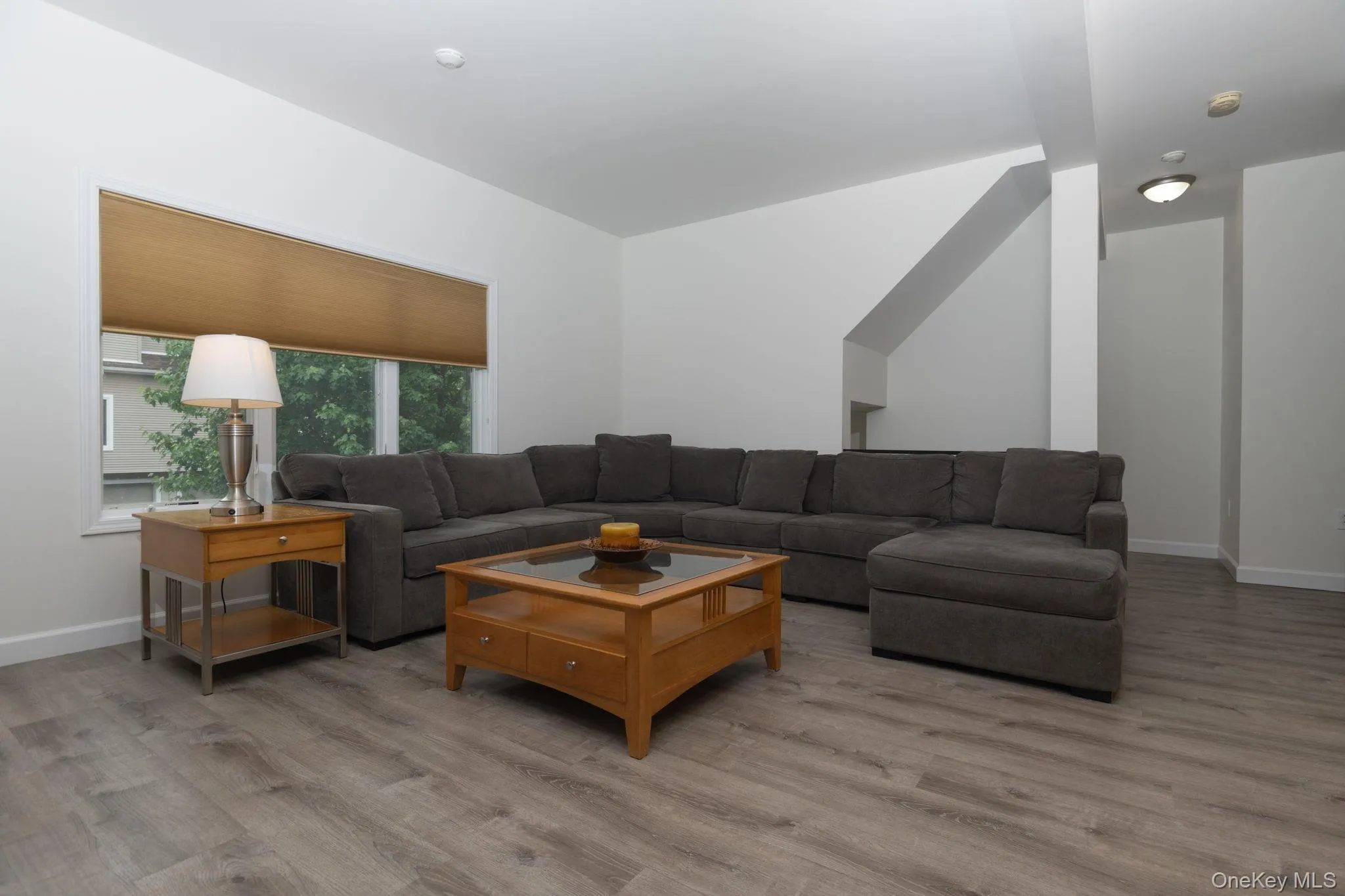 Spacious living area featuring light gray wood-finish flooring, a large window with a roller shade, and clean white walls Spacious living area featuring light gray wood-finish flooring, a large window with a roller shade, and clean white walls
