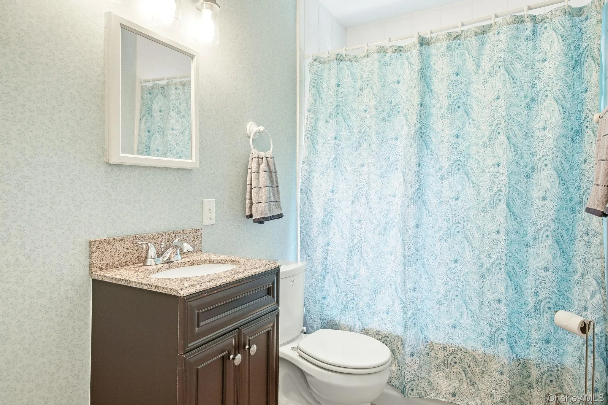 Lower level full bathroom featuring a dark wood-finish vanity with a stone countertop and sink (Bathroom #4) Lower level full bathroom featuring a dark wood-finish vanity with a stone countertop and sink (Bathroom #4)